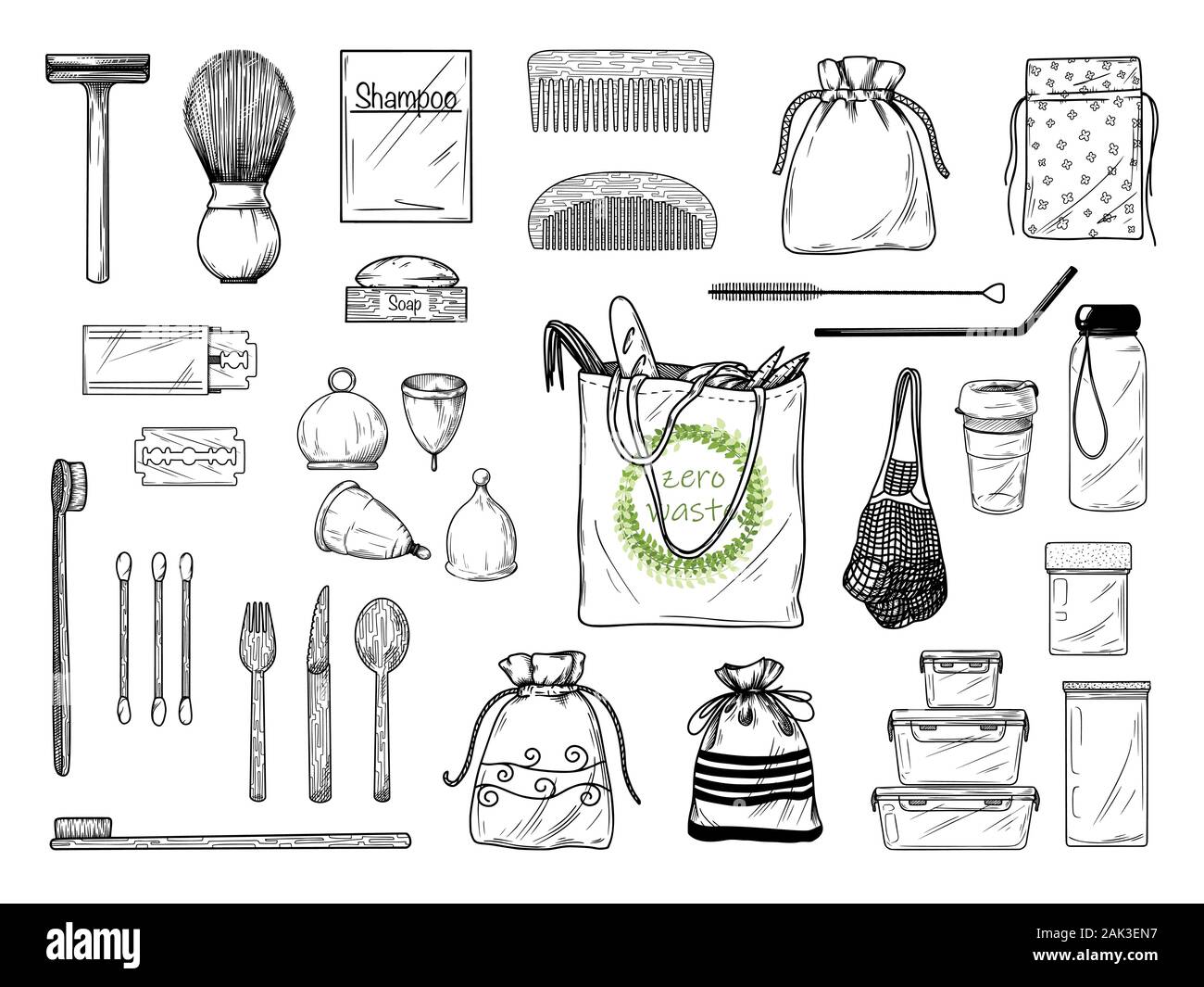 Large set of different environmental items. Zero waste. Vector illustration Stock Vector