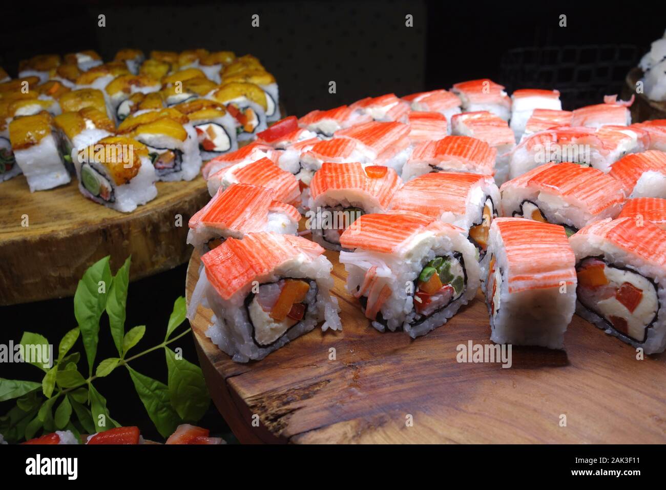 Sliced Raw Makizushi Japanese Fish Sushi on Display in the Buffet at