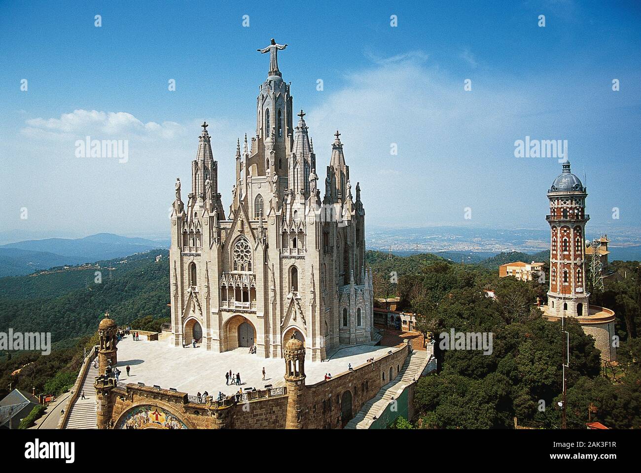 You can see the church Sagrat Cor from whole Barcelona. Enric Sagnier has built the church between 1902 and 1911. From the top of the church the view Stock Photo