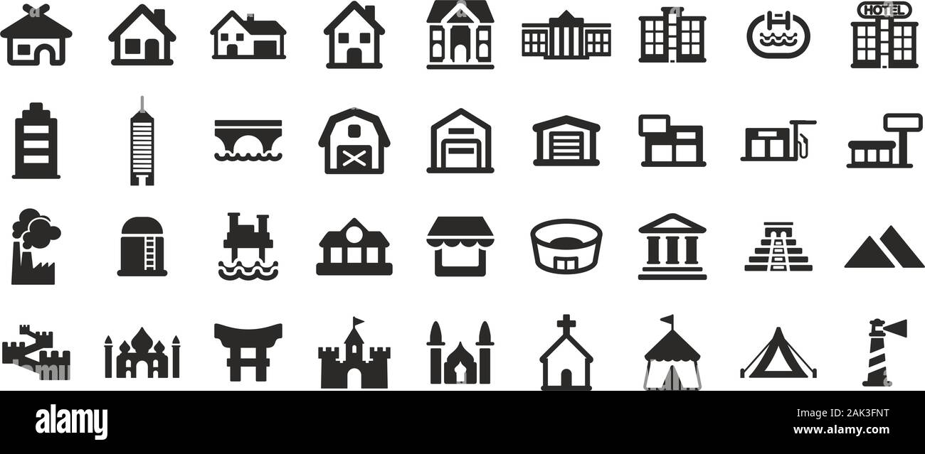 Commercial & Residential Buildings Icons Black & White Set big Stock ...