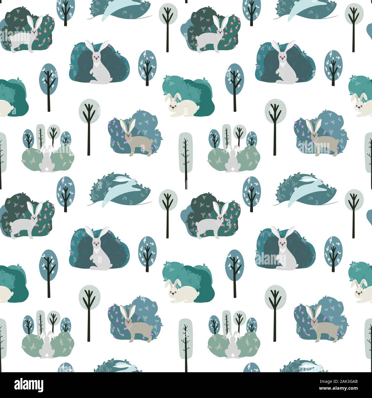 Seamless pattern with rabbit, hare and different elements. Illustration hand drawn in scandinavian style. Stock Vector