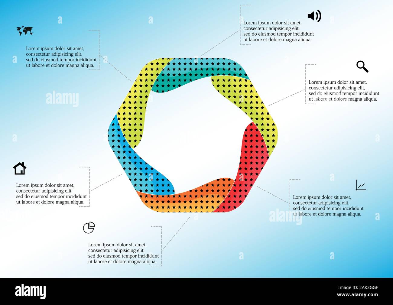 Vector infographic template with colorful hexagon. Hexagon is created by six curved elements. All sections contain pattern and texture fill. Backgroun Stock Vector