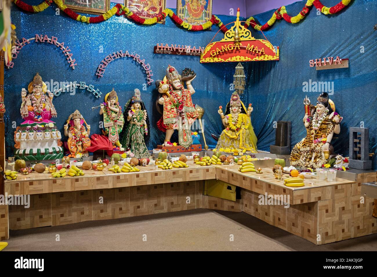 Statues of several Hidu deities at the Jamaica Maha Kali Temple in Queens, New York. Stock Photo