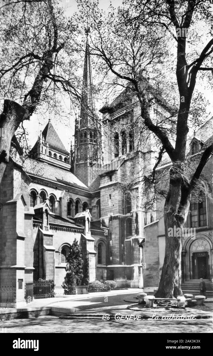 An old black and white postcard of St. Pierre Cathedral cathedral in Geneva, Switzerland, built in the 1100's it was later used by Reformist believers Stock Photo