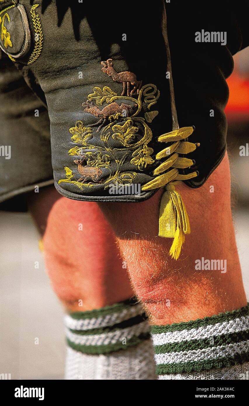 Typical embroideries at endeavour leather shorts in the Allgäu, Germany