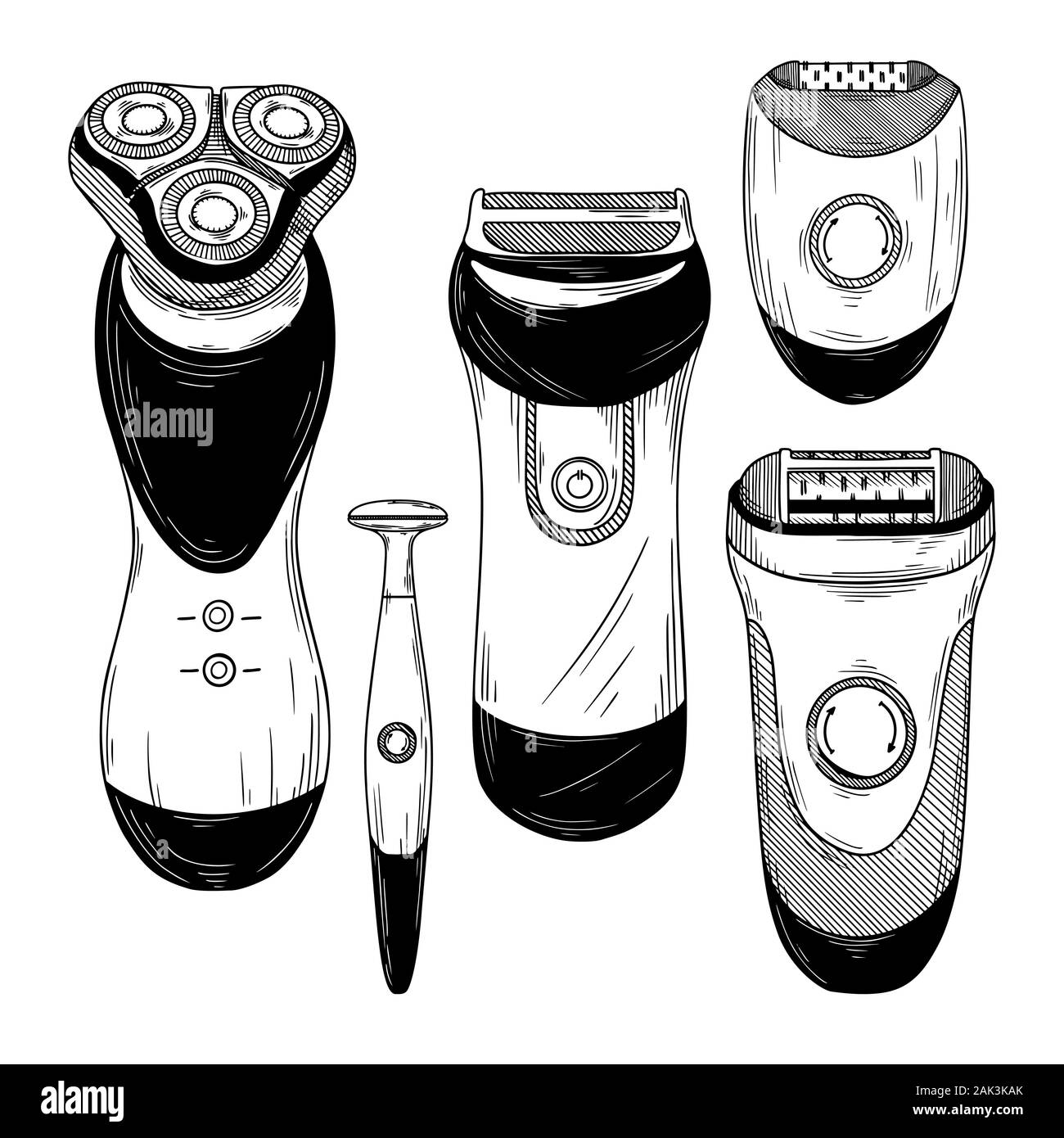 Set of different epilators, trimmers and shaving machine. Vector