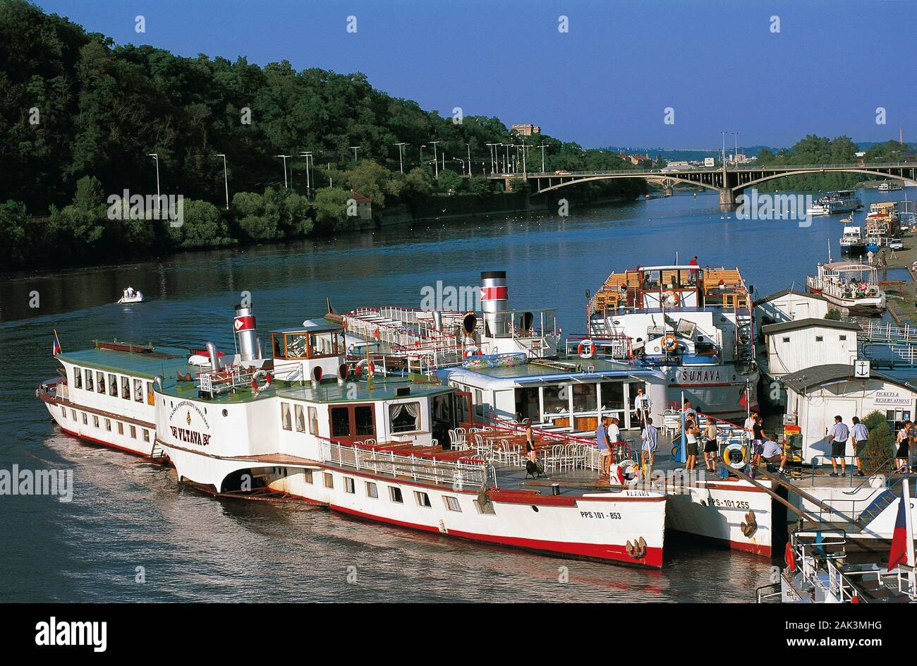 Paddlesteamers of the Vltava fleet at the port Podoli in Prague