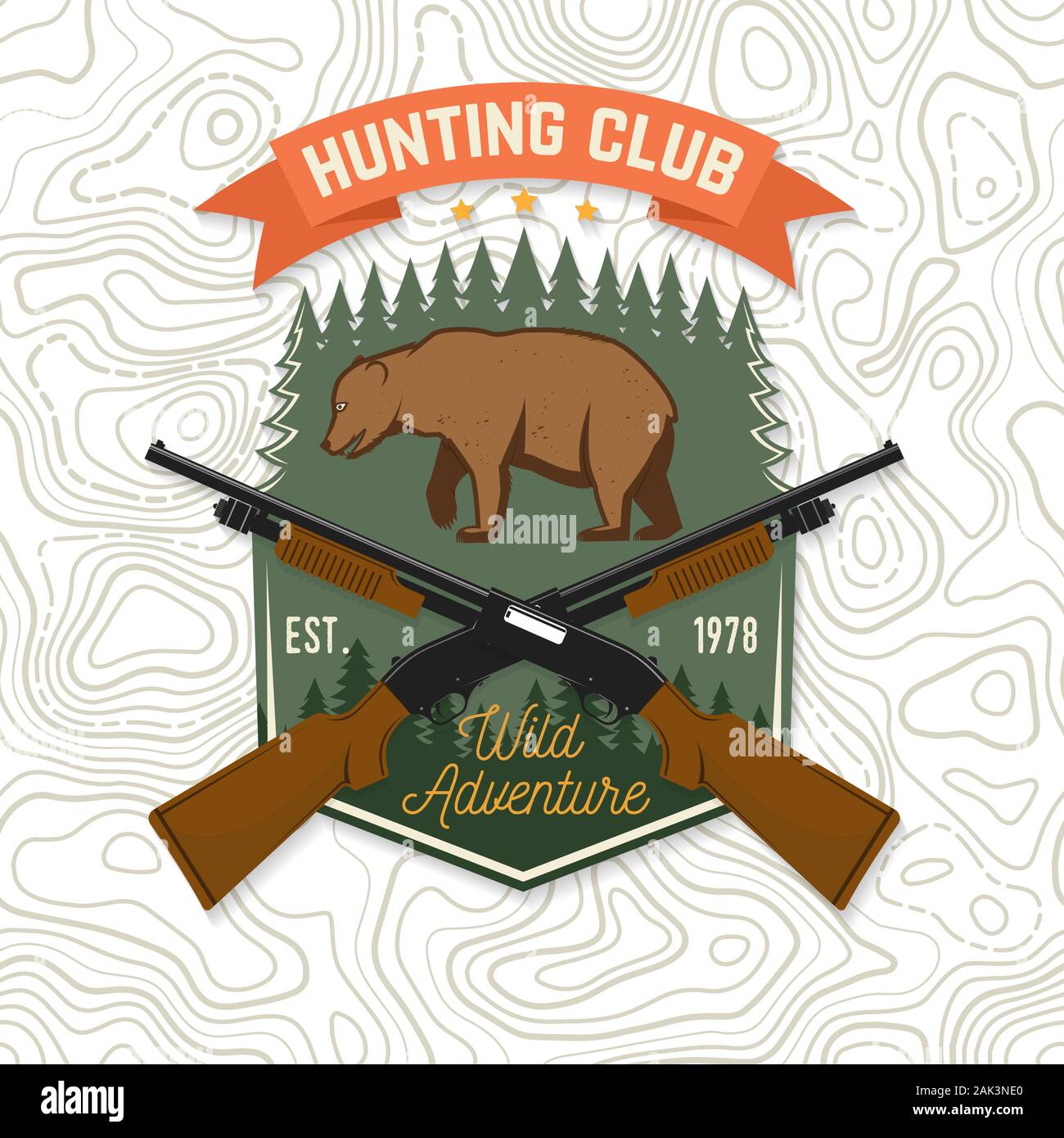 Hunting club. Vector. Concept for shirt or label, print, stamp, patch. Vintage typography design with hunting gun, bear and forest silhouette. Outdoor adventure hunt club emblem. Wild adventure. Stock Vector