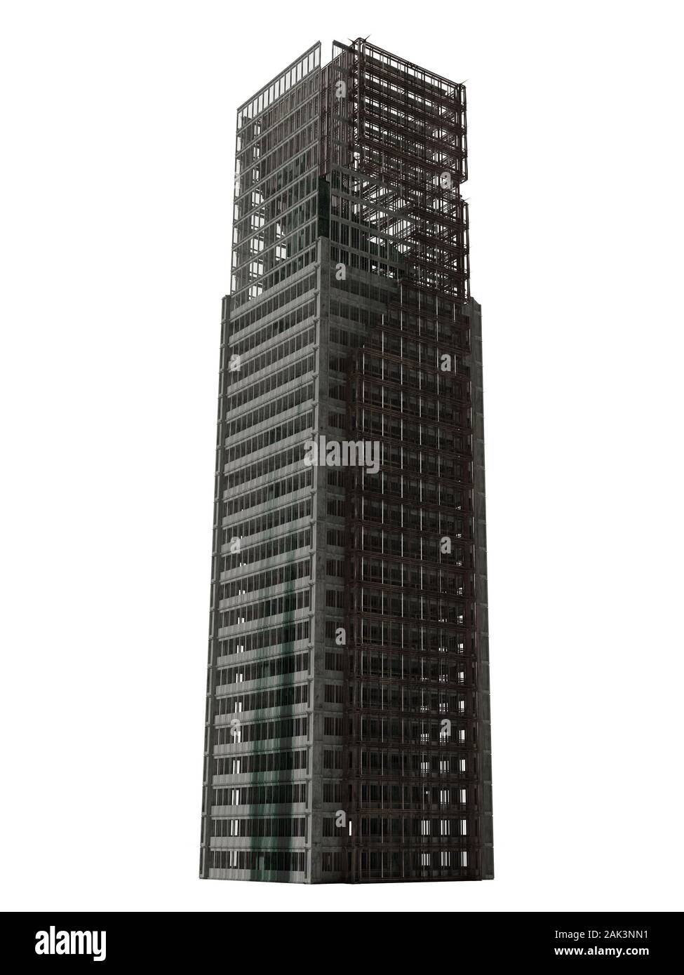 ruined skyscraper, tall post apocalyptic building isolated on white background Stock Photo