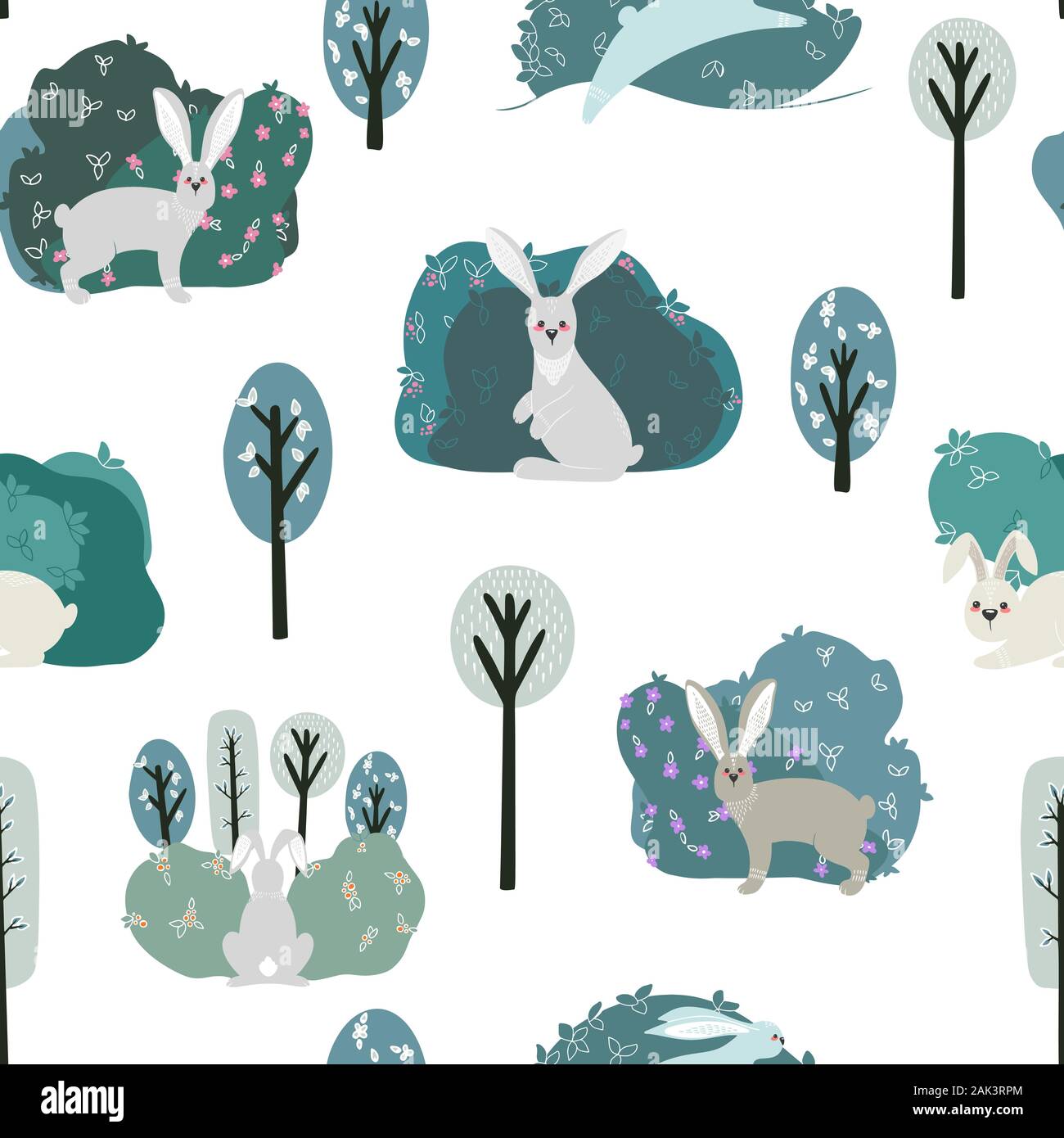 Seamless pattern with rabbit, hare and different elements. Illustration hand drawn in scandinavian style. Stock Vector