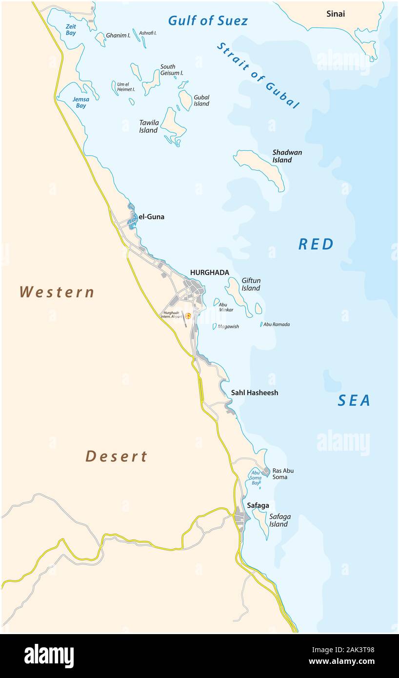 Map of the region around the Egyptian coastal city of Hurghada on the Red Sea Stock Vector