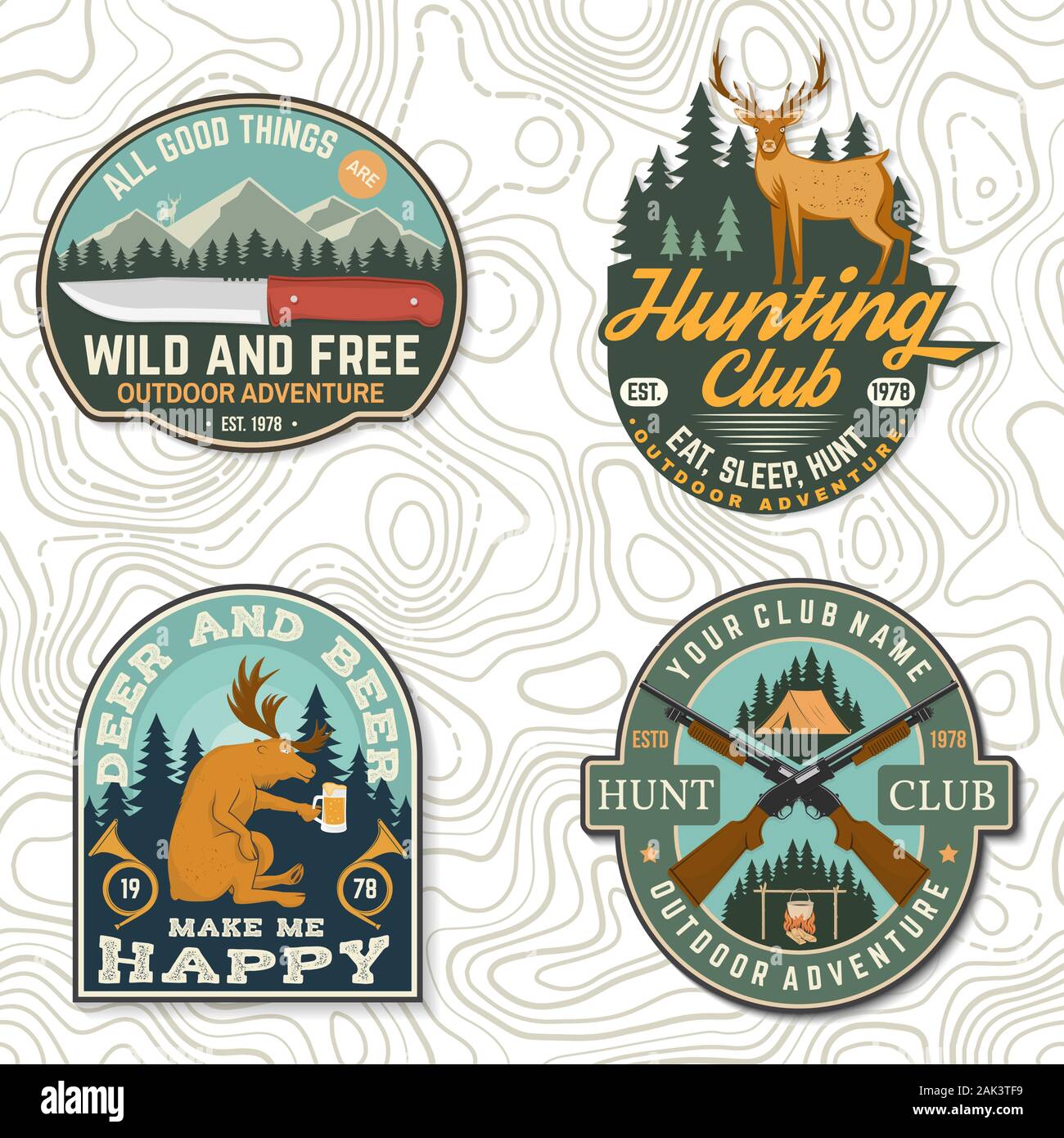 Set of Hunting club badge. Vector Concept for shirt, label, print, stamp.  Vintage typography design with