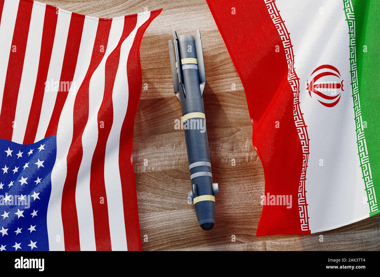 Iran flag and USA flag. Nuclear atomic risk. War concept. 3d rendering Stock Photo