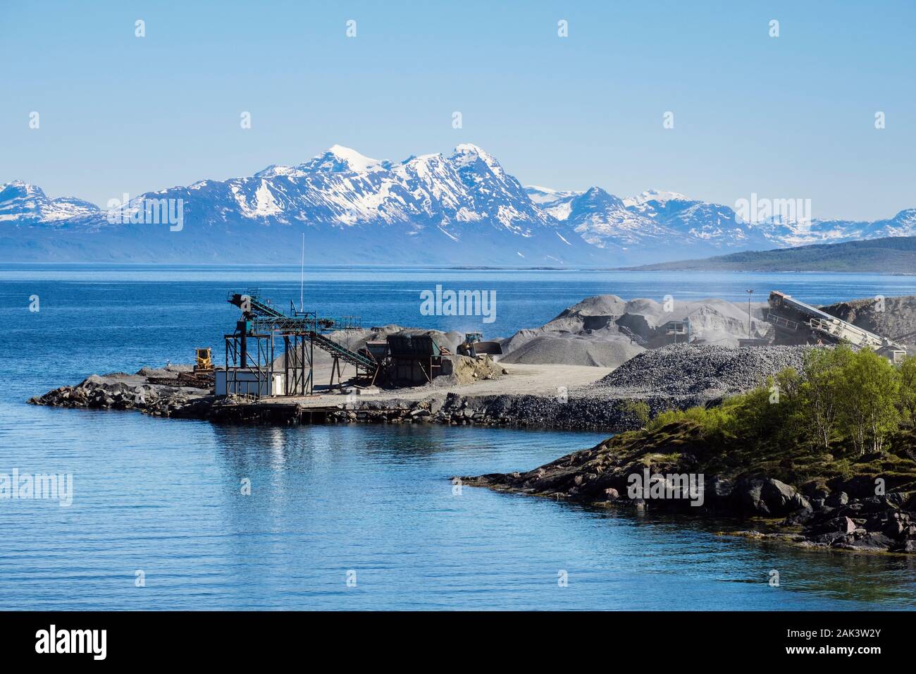 Gravel extraction plant industrial site on coast near Helloya, Nordland, Norway, Scandinavia Stock Photo