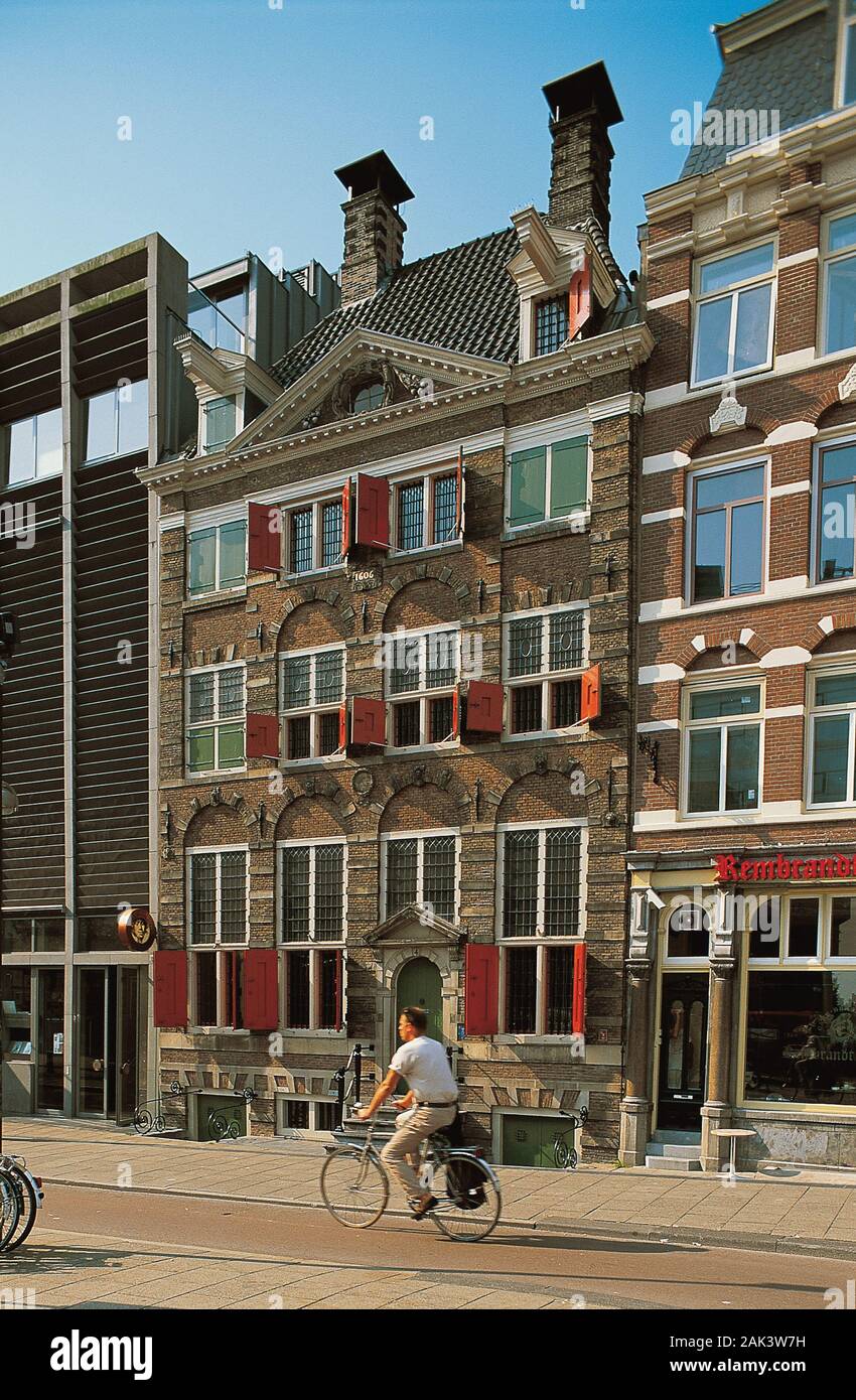 View of the Rembrandthuis in the Jodenbreestraat 4 in Amsterdam. Here lived the famous Dutch painter Rembrandt van Rijn (1606-1669). He was a painter Stock Photo