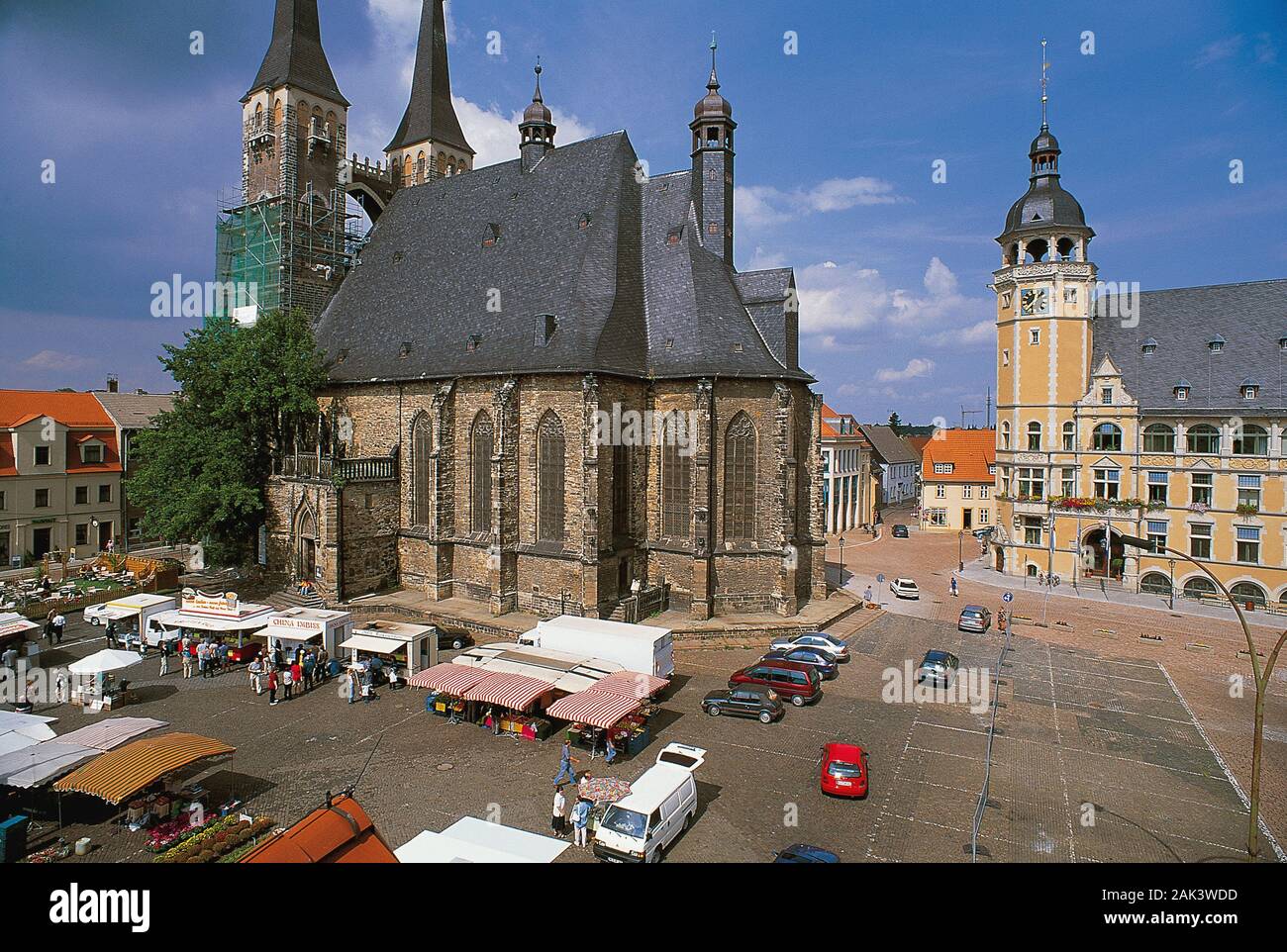 The market place in Bernburg, Germany, with the church saint Jakob and