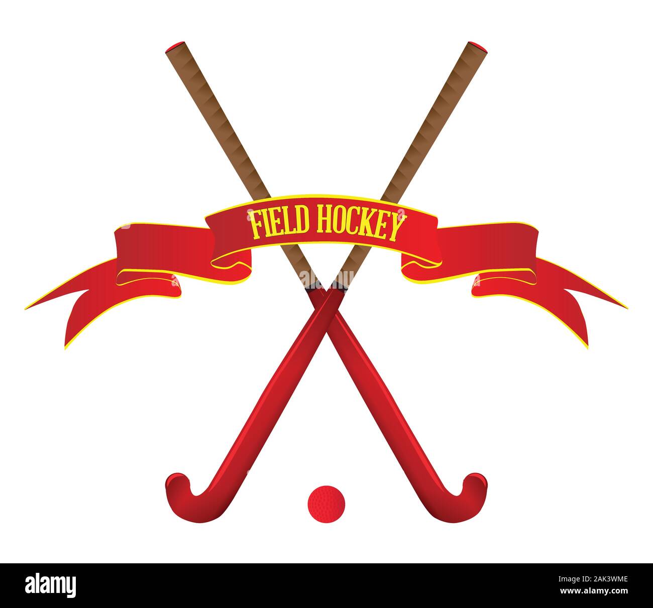 A crossed pair of field hockey sticks and a red ball with red ribbon