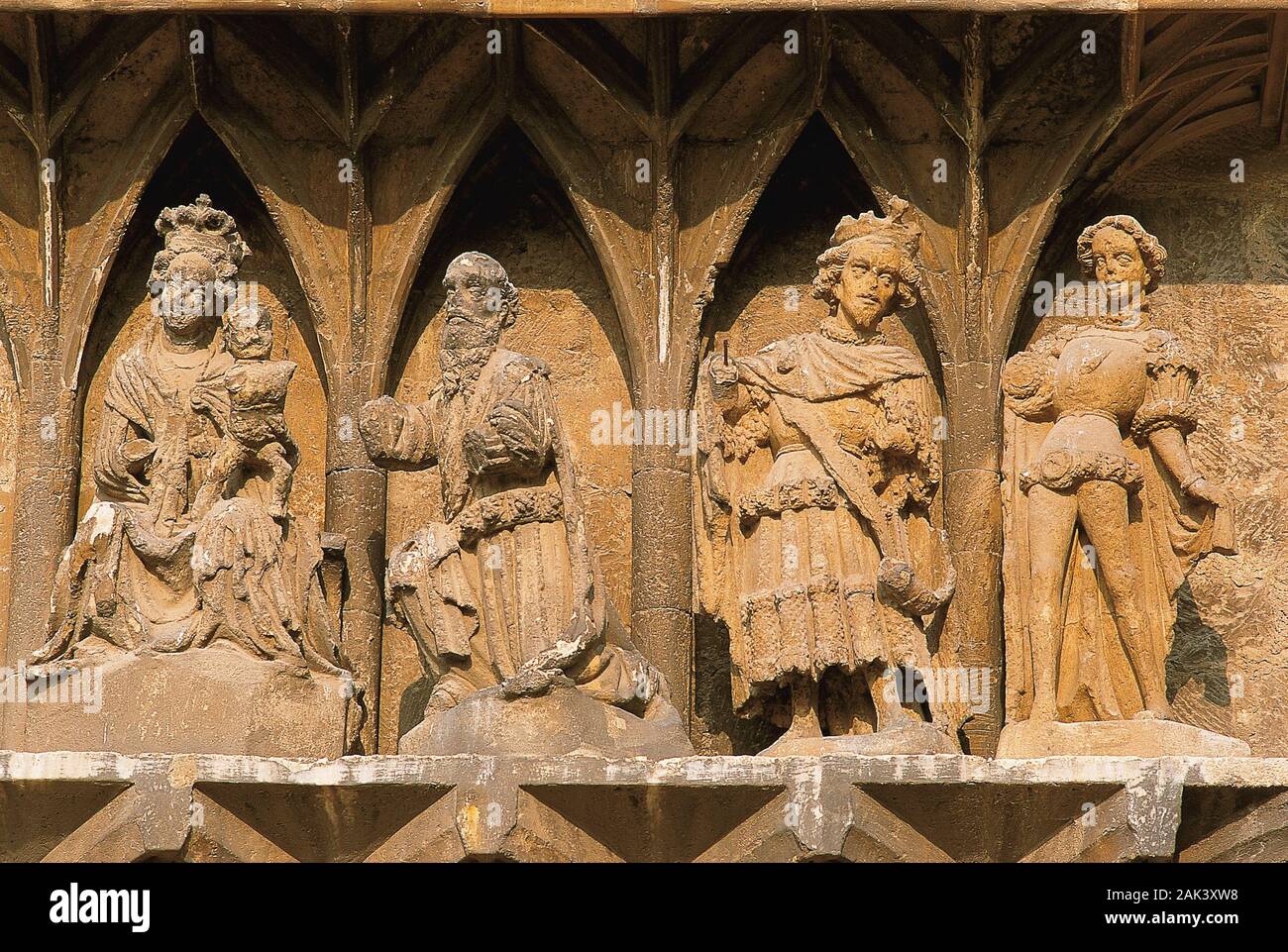 The figures of Maria and the saint three kings at the cathedral in Naumburg, Germany. The altogether twelve figures of the unknown master at the Naumb Stock Photo