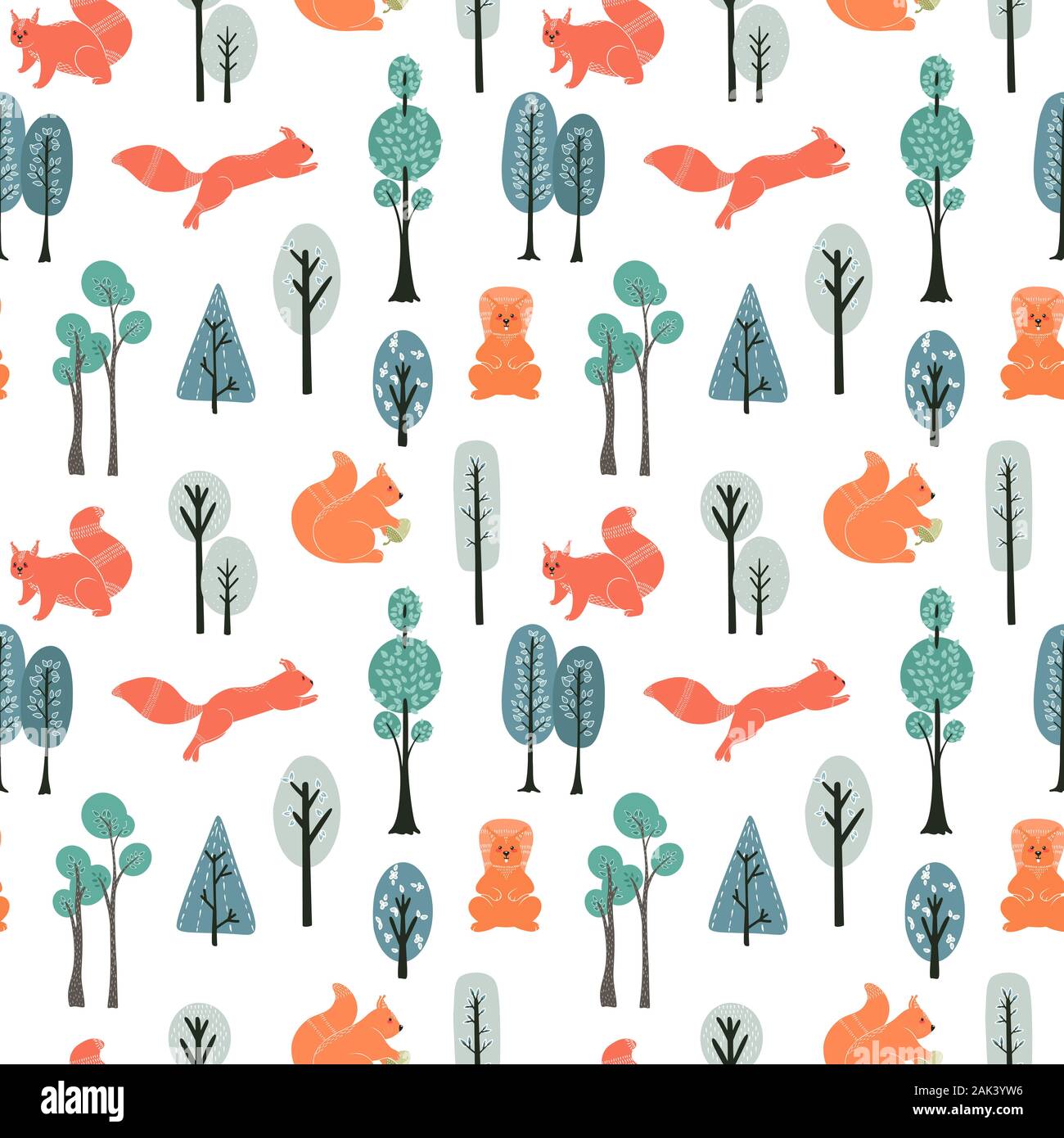 Seamless pattern. Squirrels on the background of trees, plants. Vector ...