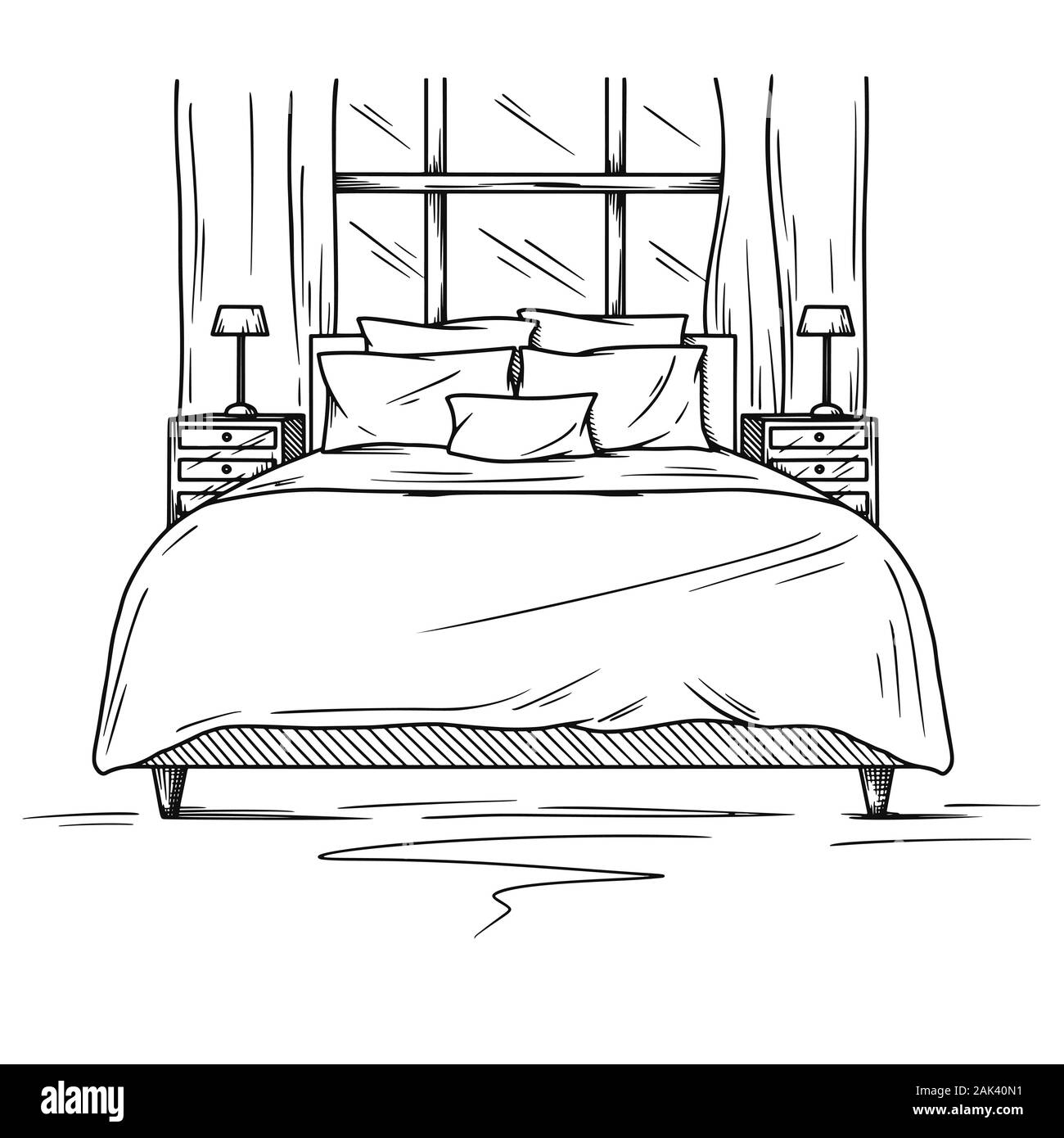 Bed. Home decor line art drawing. Doodle illustration. Stay home. Minimal  vintage style. Doodle plant vector illustration. Pure nature organic brush.  Line drawing. Stock Vector | Adobe Stock