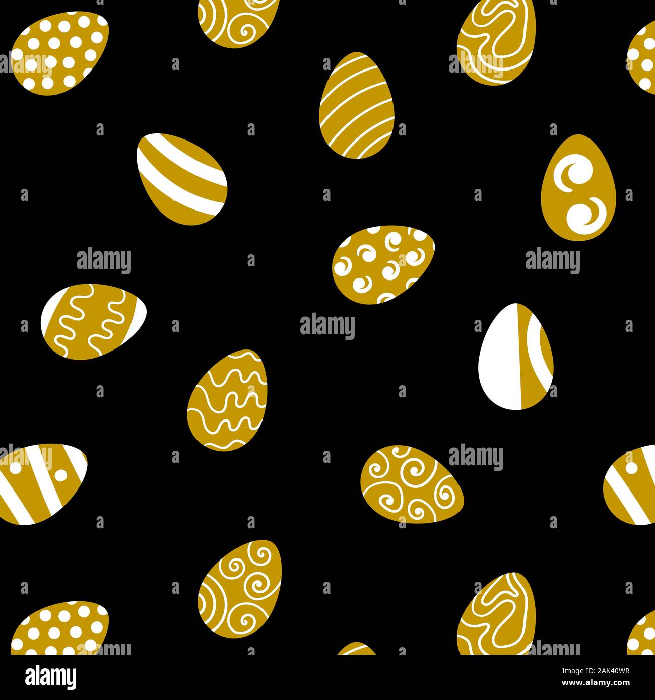 Seamless pattern with gold and white Easter eggs on black background. Flat vector illustration. Stock Vector