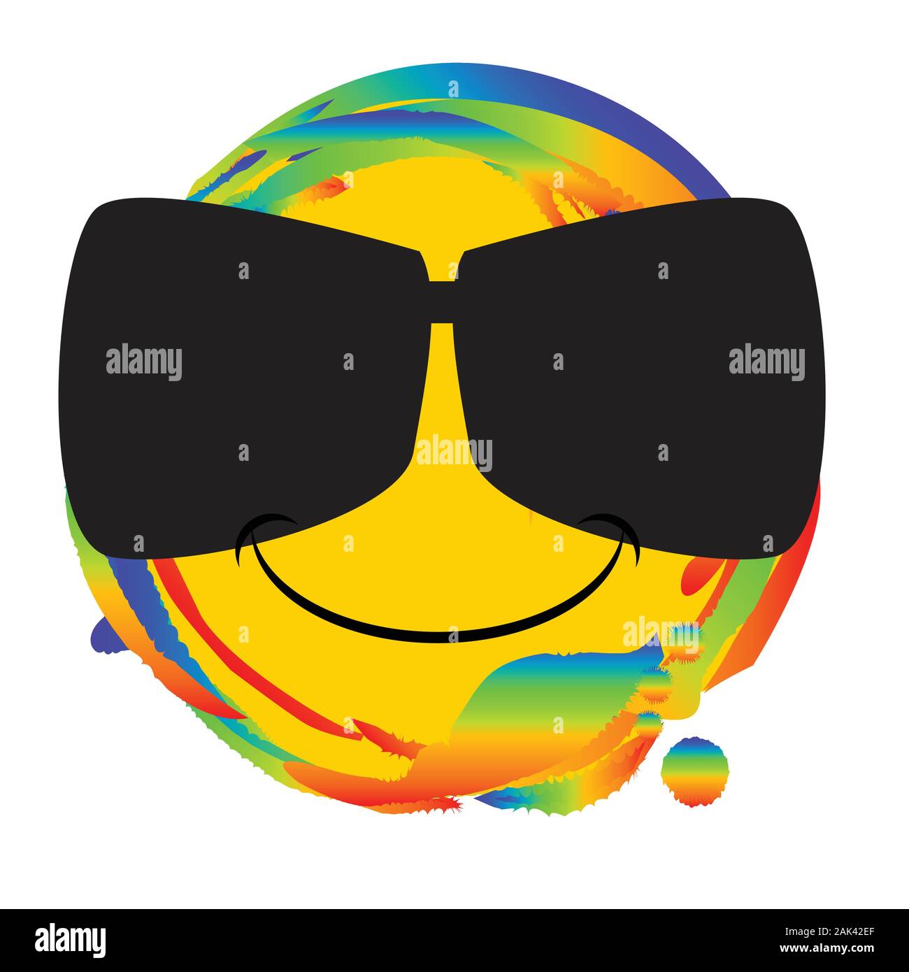 Emoji smiley face with a pair of sunglasses as a web button set on a rainbow Stock Vector