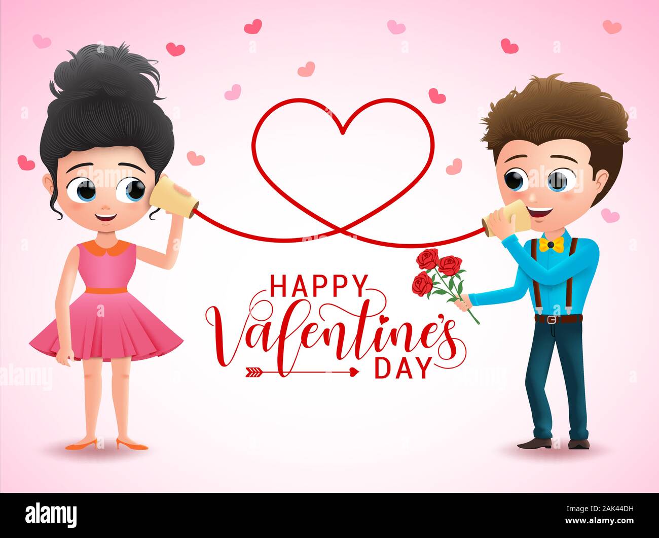 Valentines couple character vector design. Happy valentines day greeting  typography with couple cartoon characters calling in can telephone with hear. Stock Vector