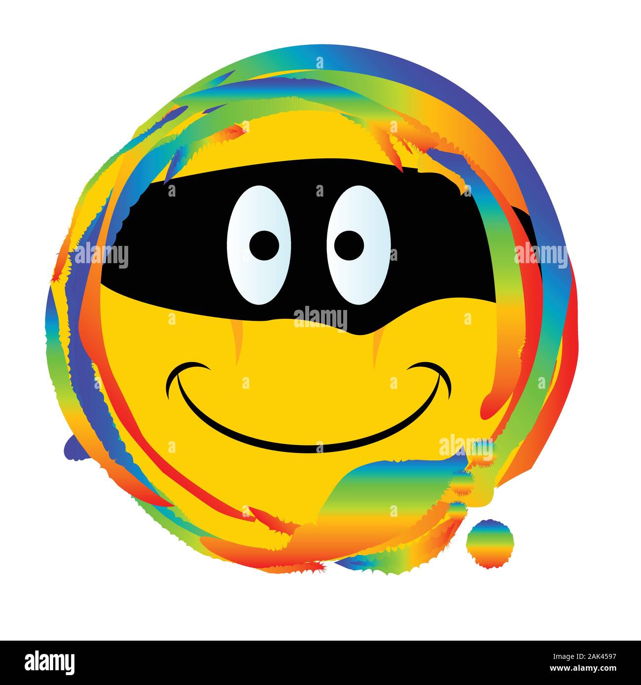Emoji smiley face with a bandit mask web button set on a rainbow Stock Vector