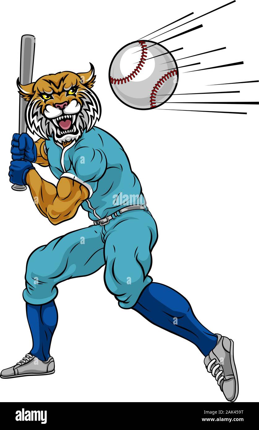 Wildcat Baseball Player Mascot Swinging Bat Stock Vector