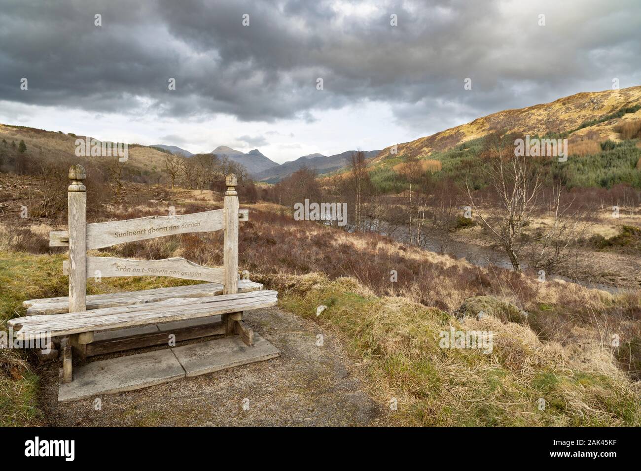 Welcome bench at Ariundle National Nature Reserve in Scotland. Stock Photo