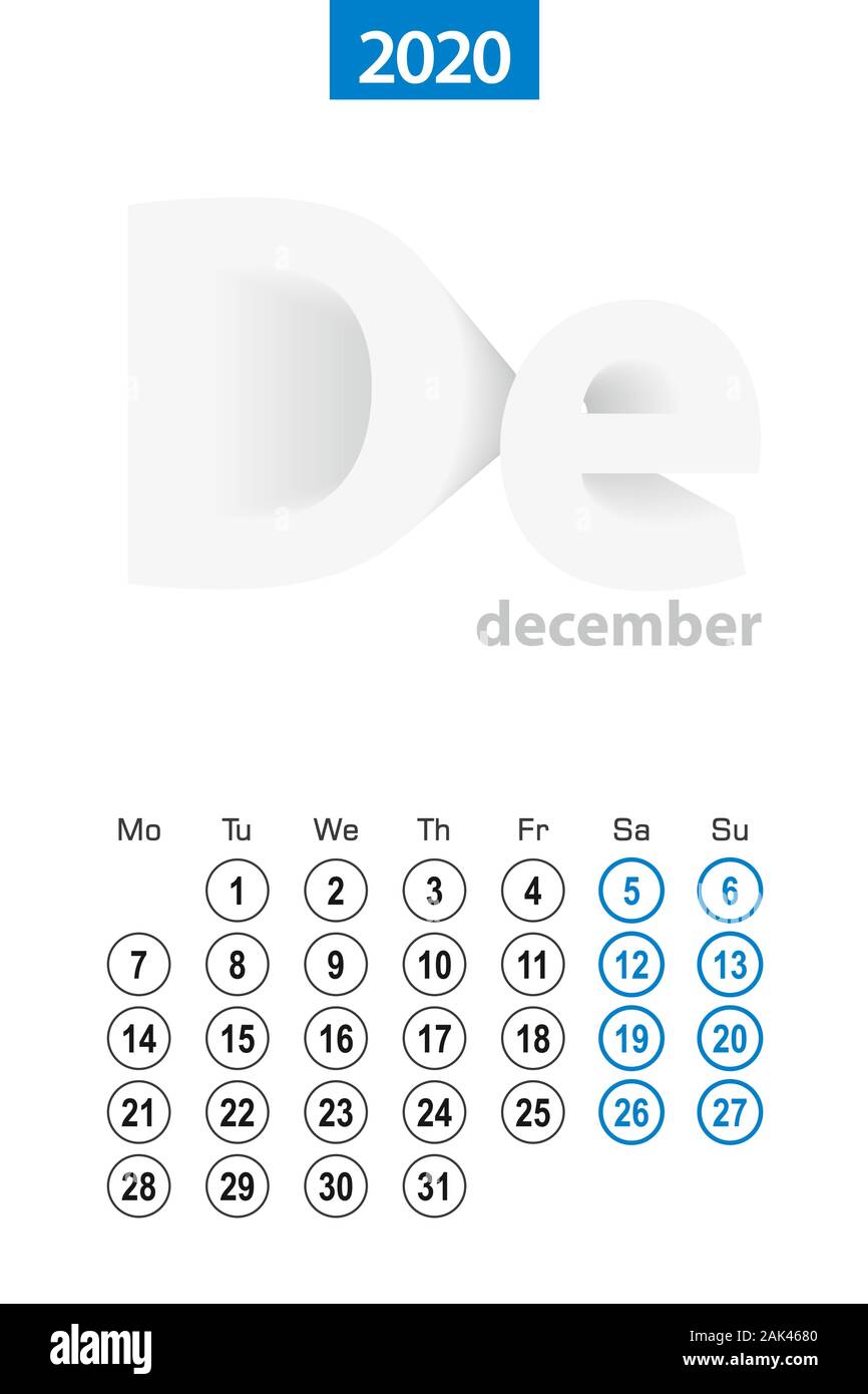 Calendar for december 2020 blue circle design english language week