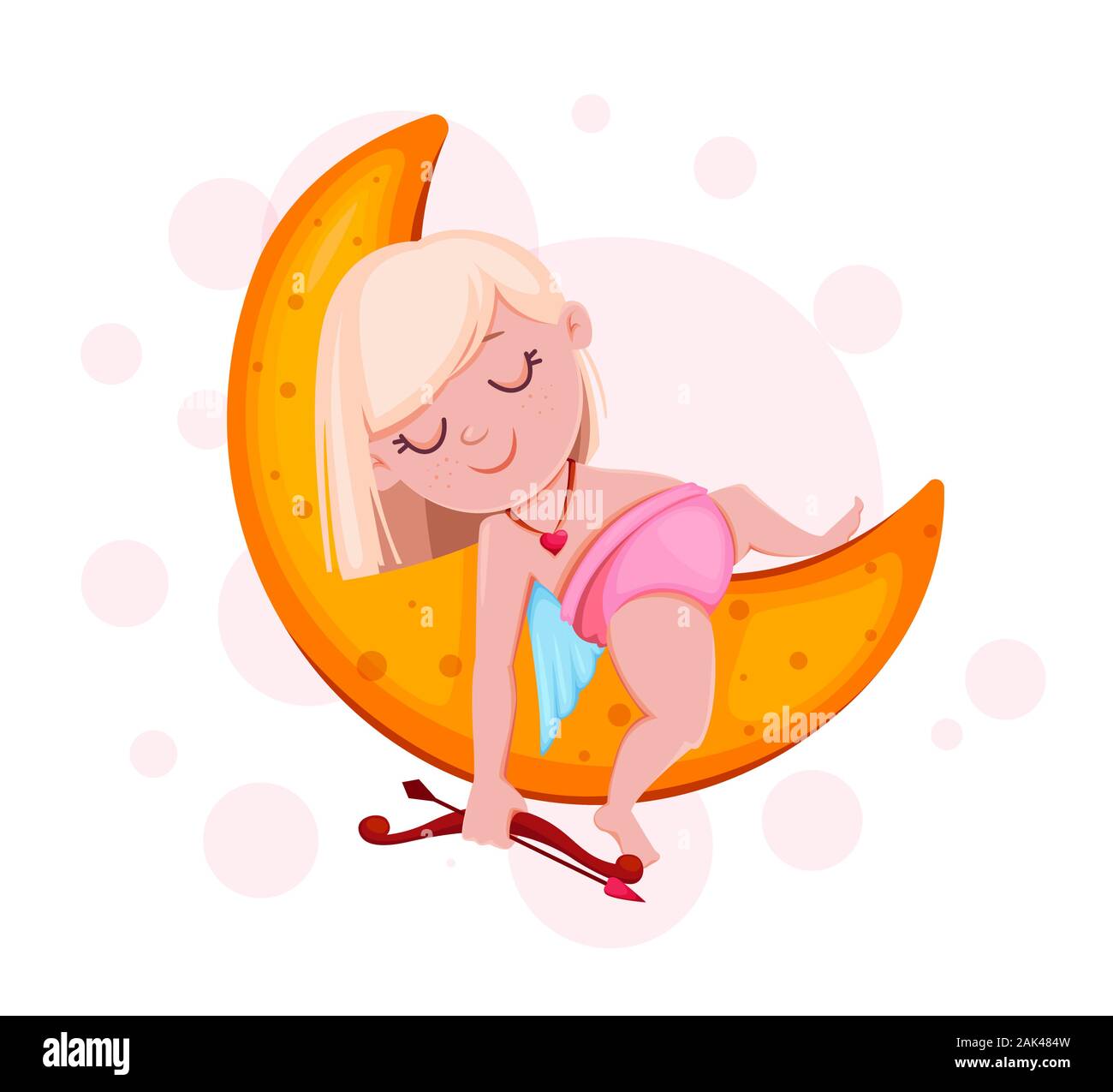 Happy Valentines Day. Funny girl Cupid sleeping on the Moon, cute cartoon character. Vector illustration isolated on white background Stock Vector