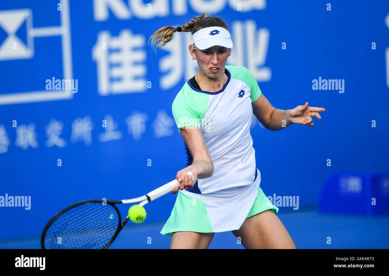 Shenzhen, China's Guangdong Province. 7th Jan, 2020. Elise Mertens of  Belgium returns a shot during the women's singles round of 16 match against  Wang Xiyu of China at WTA Shenzhen Open tennis