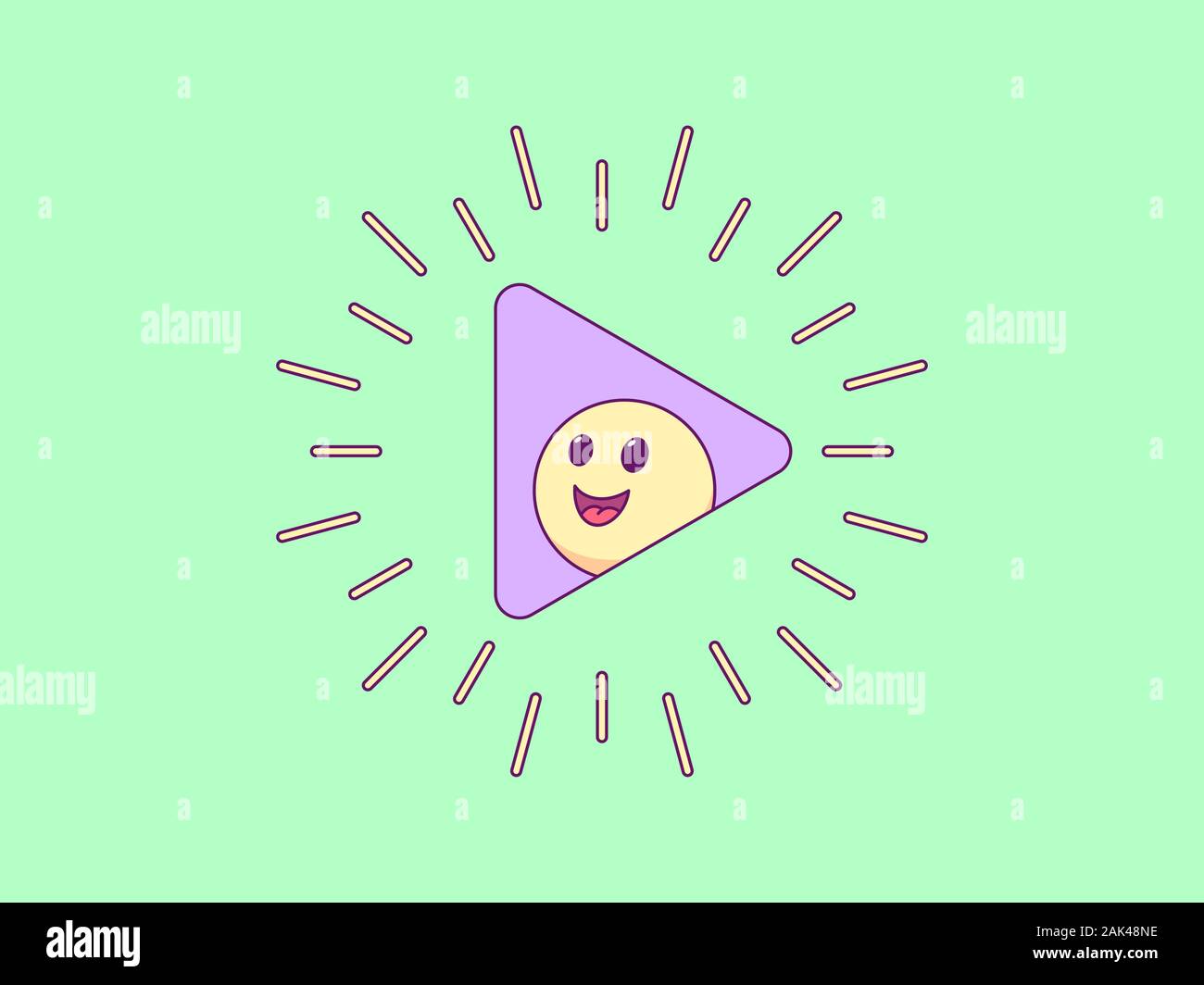 Cartoon composition with play sign surrounded rays and cheerful emoji. Minimalistic vector illustration, gaming social media content Stock Vector