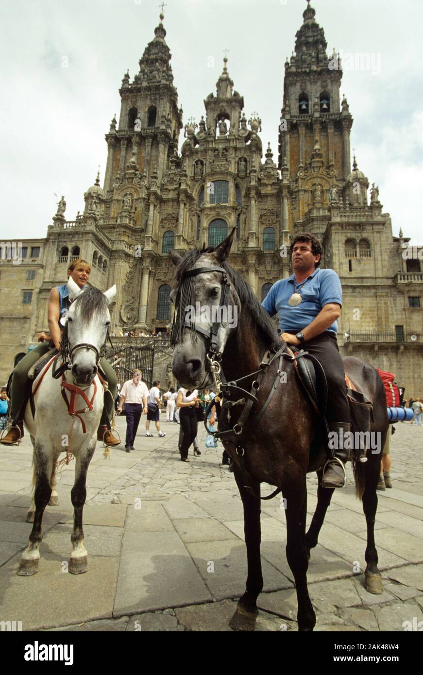 Northern Spain Santiago De Compostela Pilgrims On Horses In Front Of The Cathedral Usage Worldwide Stock Photo Alamy