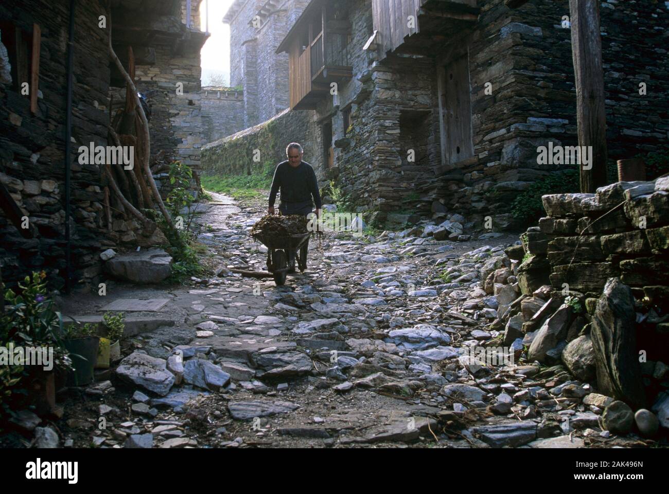 Northern Spain Penalba De Santiago Man With A Wheelbarrow Usage Worldwide Stock Photo Alamy