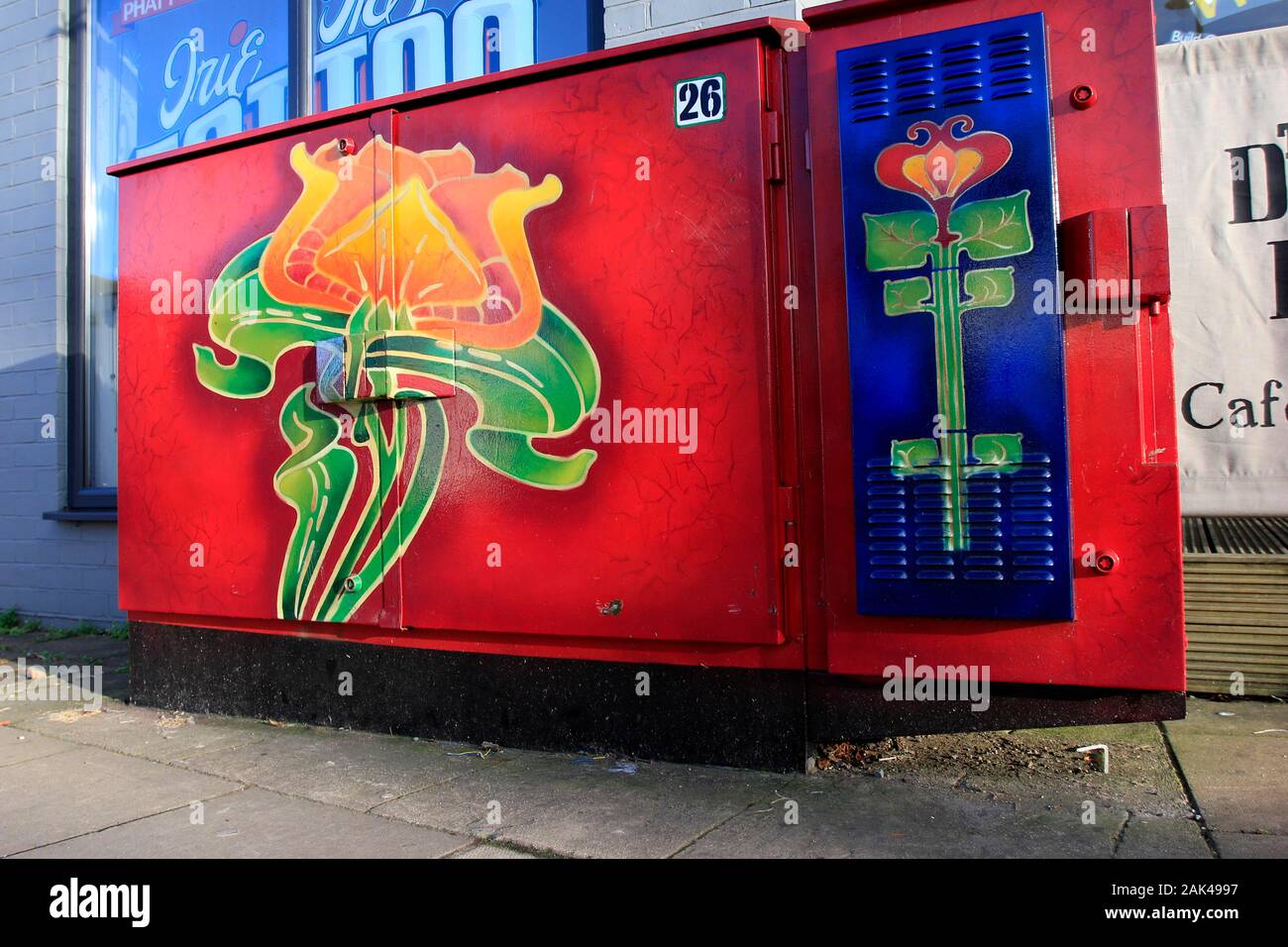 Street art painted utilities box on the Bath Road, Cheltenham