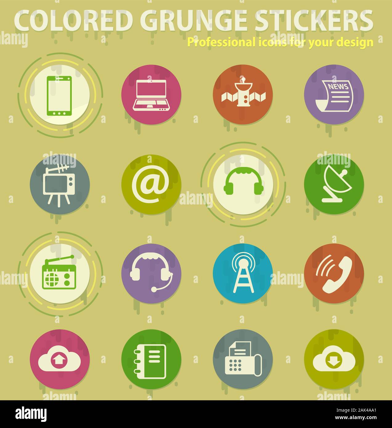 Communication colored grunge icons Stock Vector
