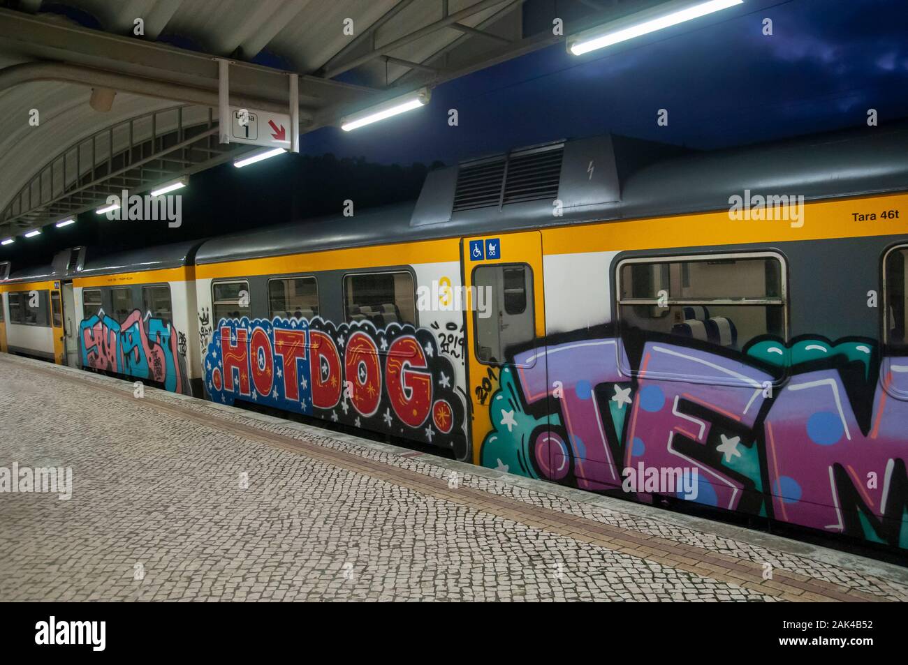 Graffiti painted on a train. Photographed in Sintra train station, Portugal Stock Photo