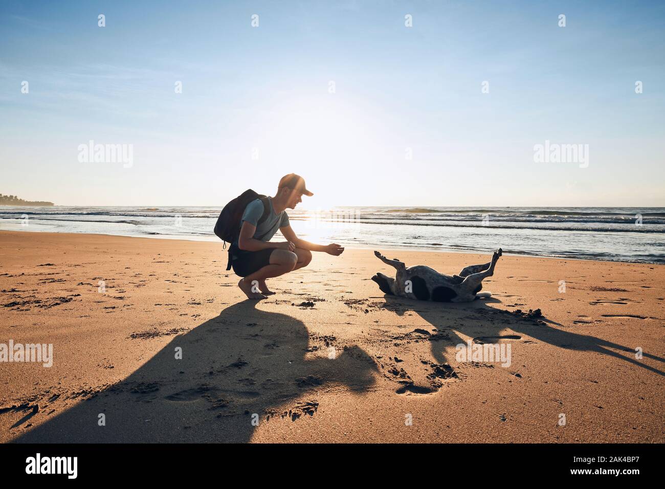 Young man playing with cheerful dog on sand beach against sea, Sri Lanka. Stock Photo