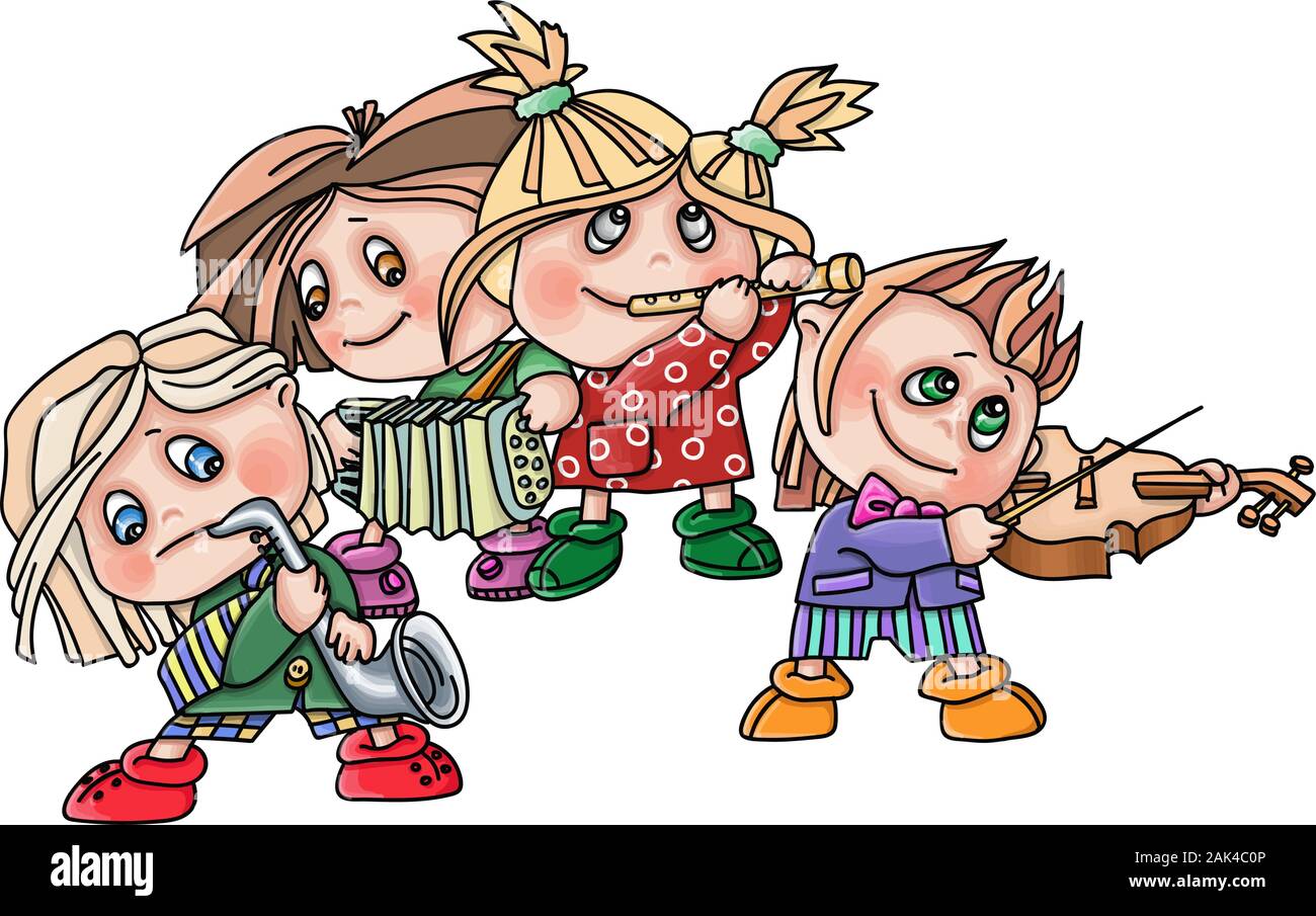 vector illustration funny musicans gierl boy musical instruments Stock