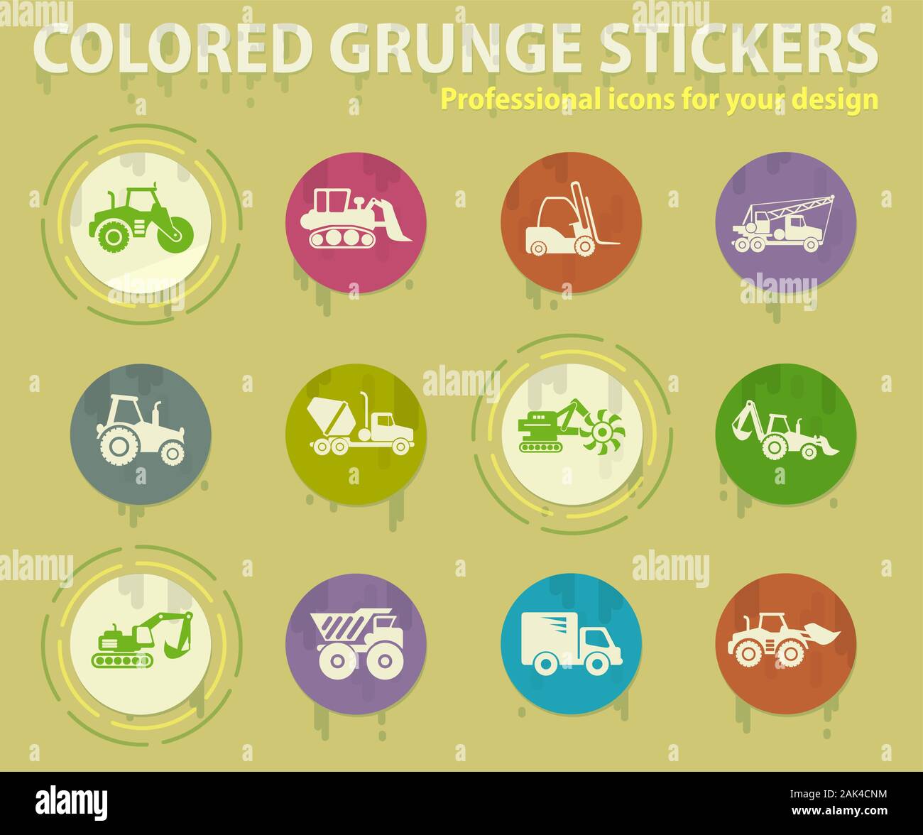 Construction machines colored grunge icons Stock Vector