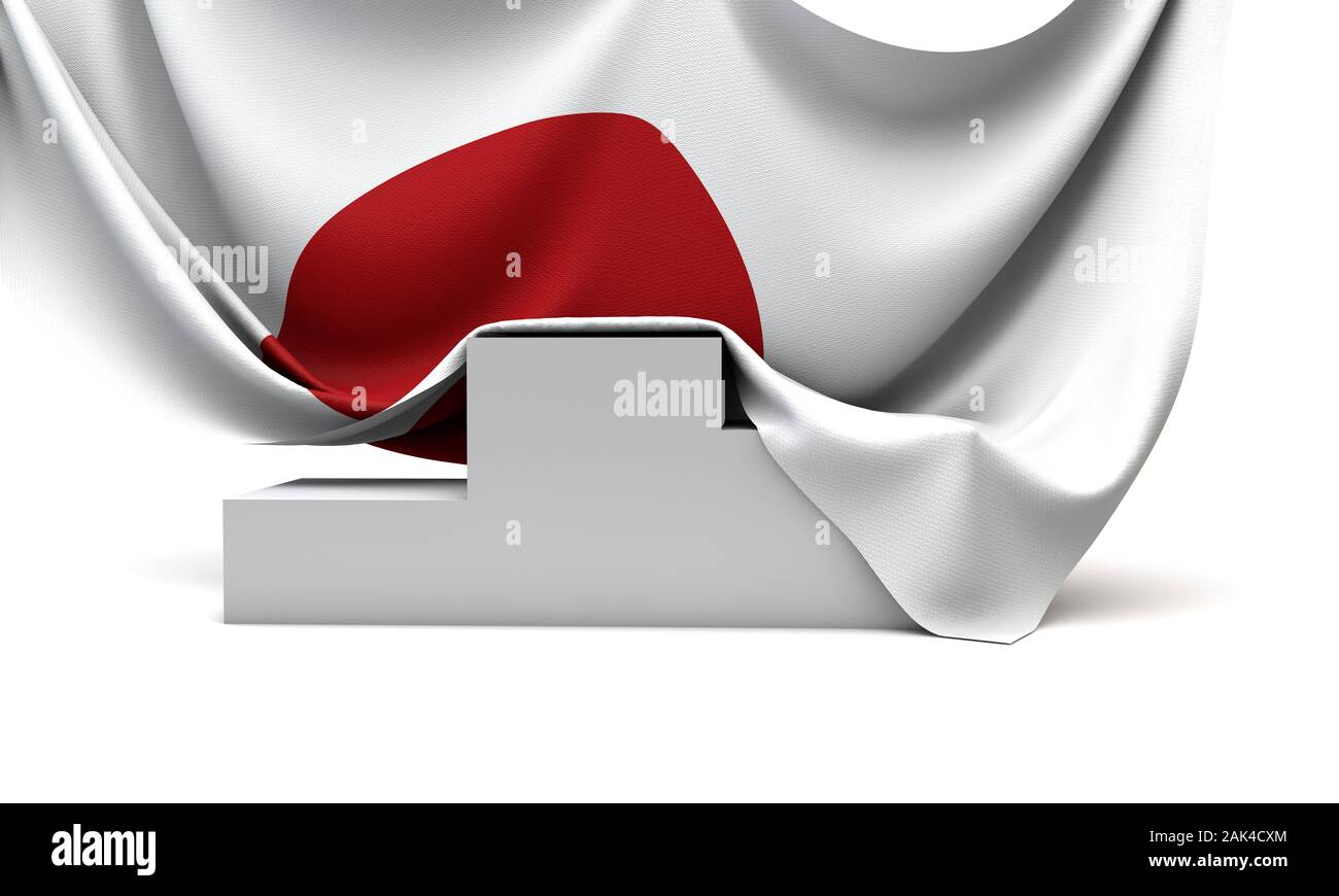 Japan flag draped over a competition winners podium. 3D Render Stock