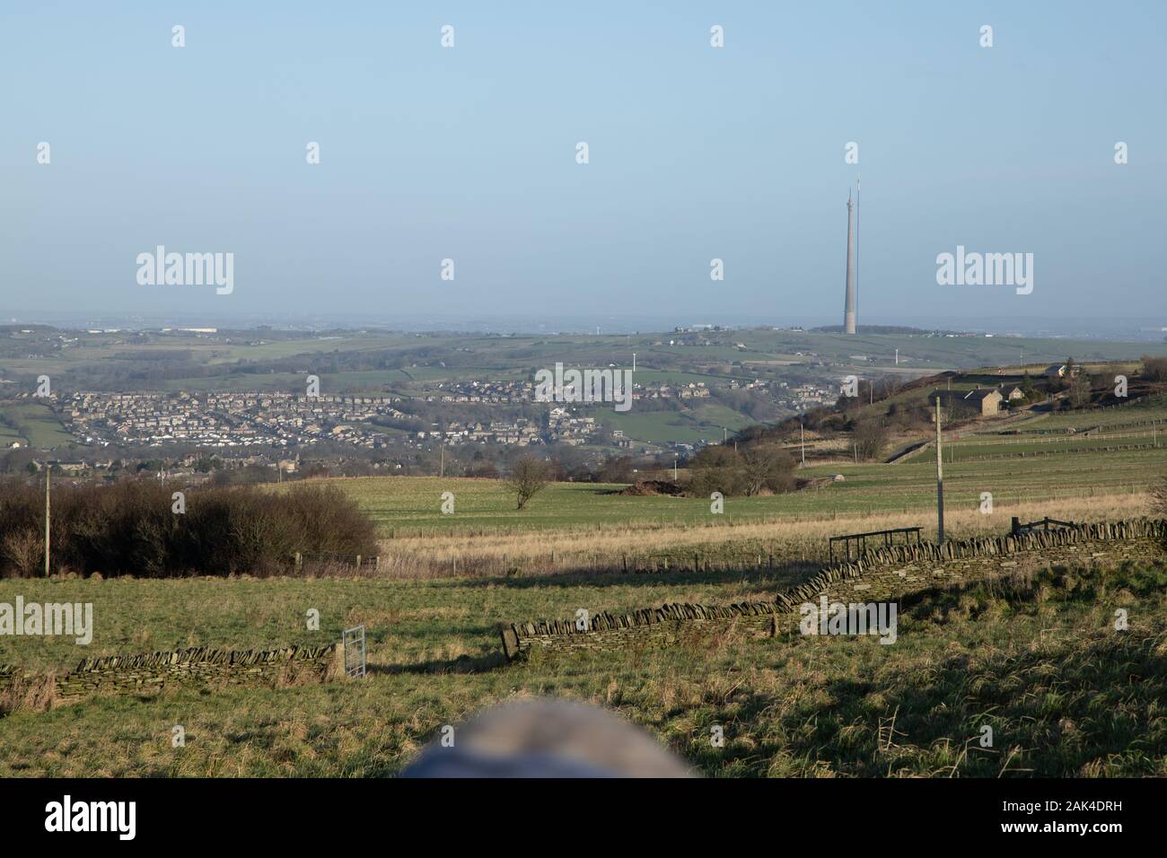 A view of the Arqiva Tower on Emley Moor, taken from close to the village of Hepworth, Kirklees, Yorkshire, UK Stock Photo