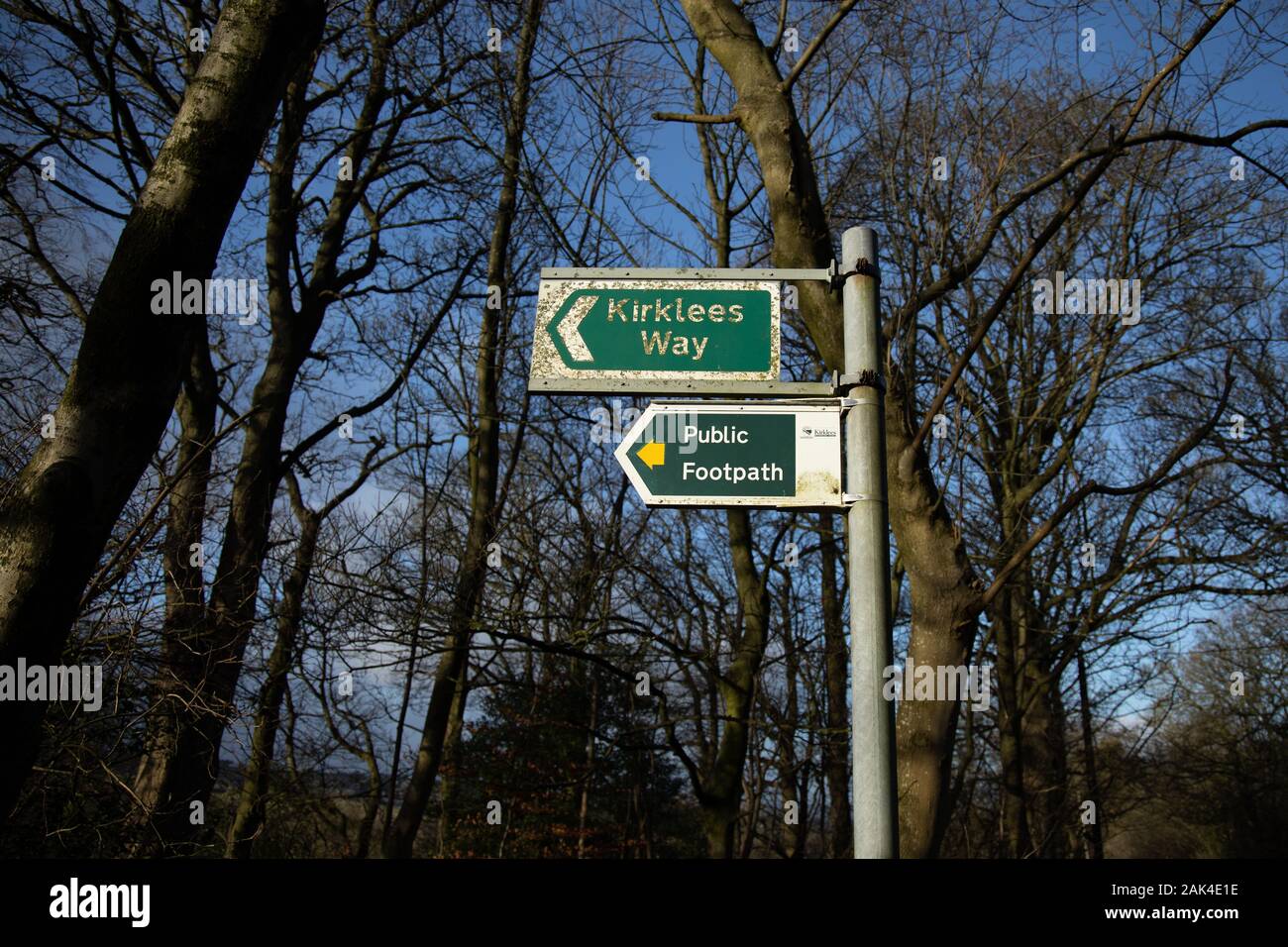 A fingerpost sign for a public footpath near the village of Hepworth in Kirklees, UK. Stock Photo