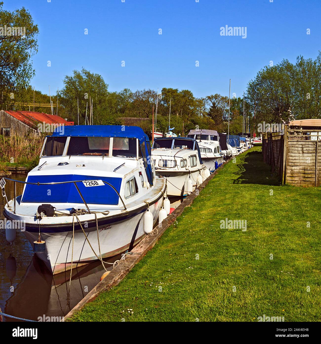 Boat moorings on small Creek on Hickling Broad on the Norfolk Broads