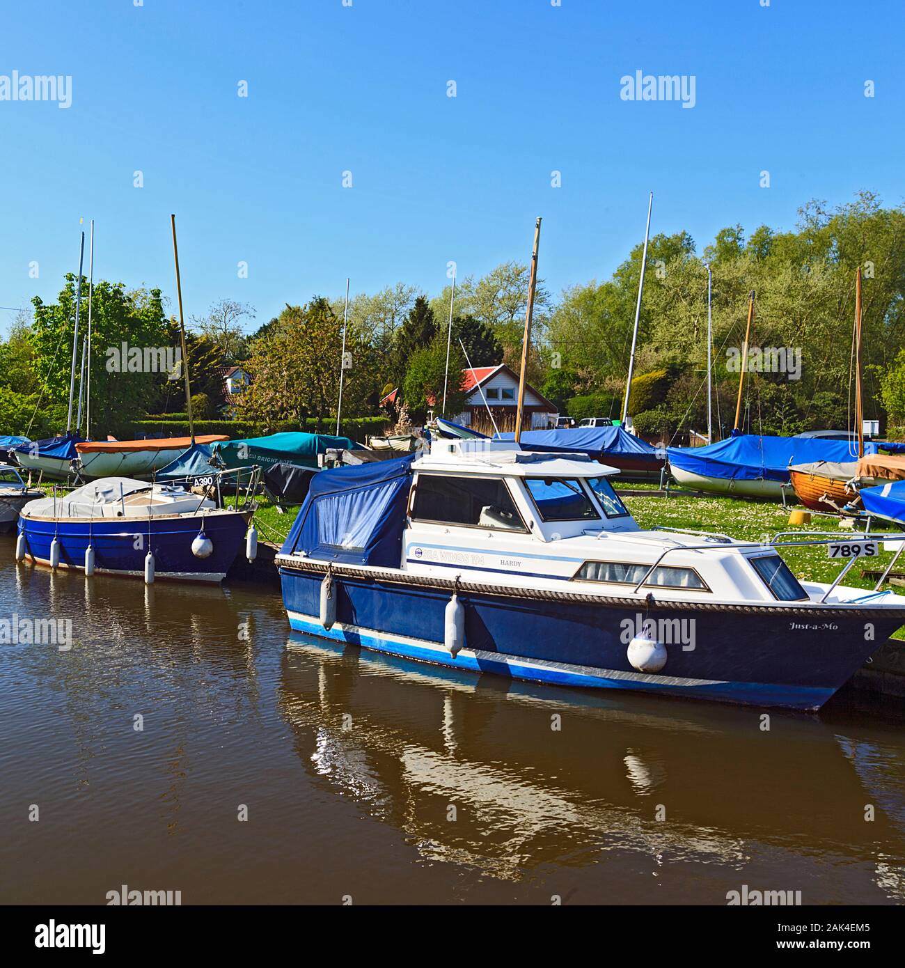 Boat Moorings on small Creek on Hickling Broad on the Norfolk Broads, UK Stock Photo
