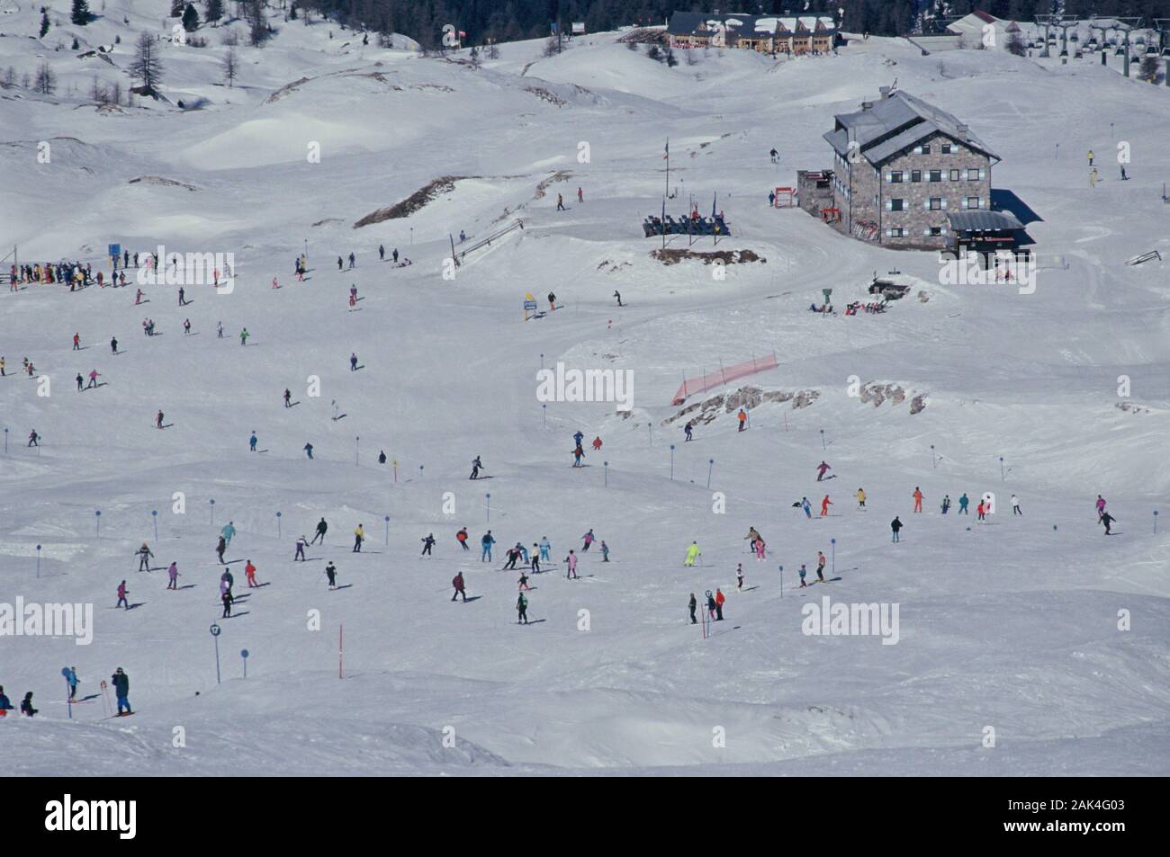 Skiers playing ski on a ski run in the skiing area of Madonna di Campiglio, a popular holiday destination in the Northern Italian alpine region of the Stock Photo