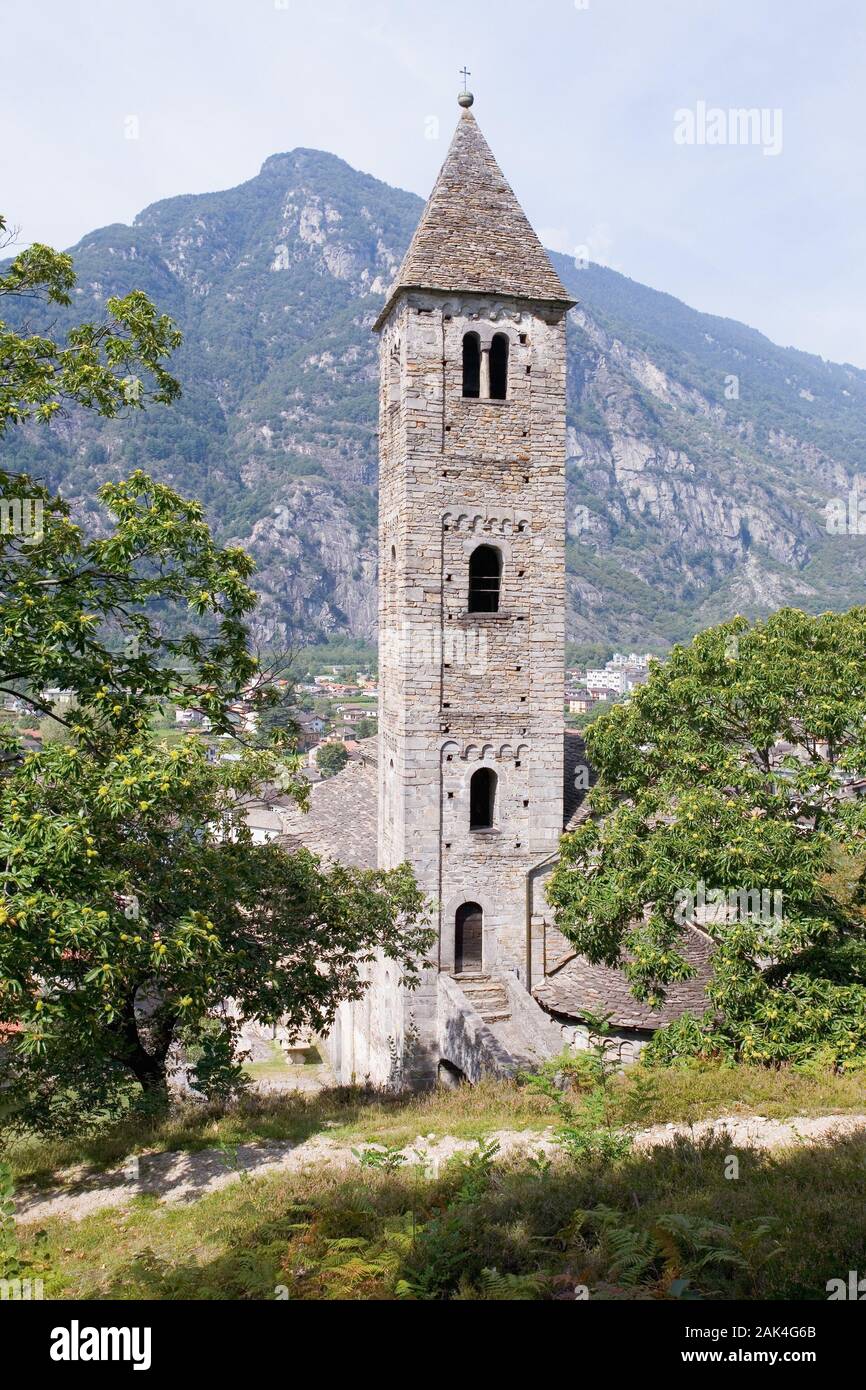 View of the Campanile (bell tower) in Biasca, canton Ticino ...