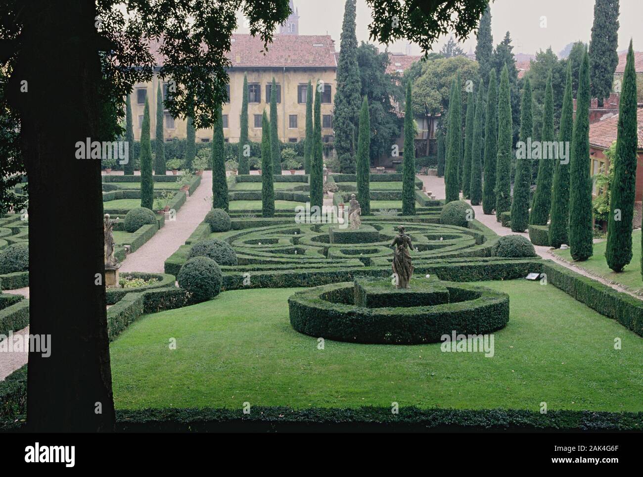 Skilful trimmed boxwood circles, cypresses and shrubs decorate the lawns in the Giardino Giusti, a park that was created in the Renaissance style and Stock Photo